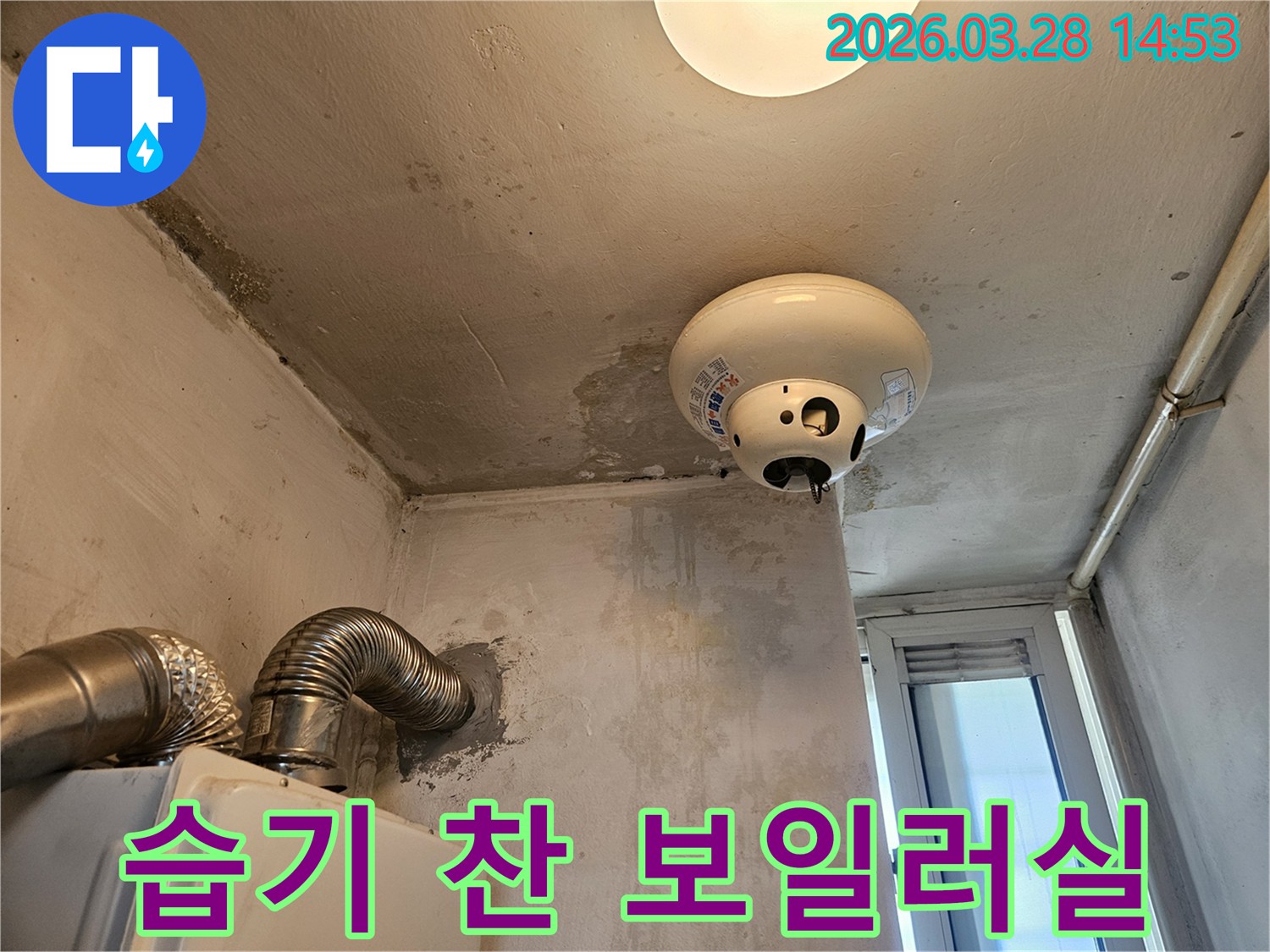 천장에서 물이 떨어질 듯 얼룩진 모습과 습기로 가득 찬 보일러실의 전경입니다.