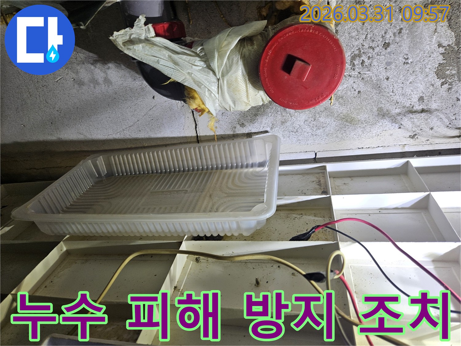 누수-현장에서-물방울이-떨어지는-곳에-설치된-임시-물받이와-주변-환경-점검-모습