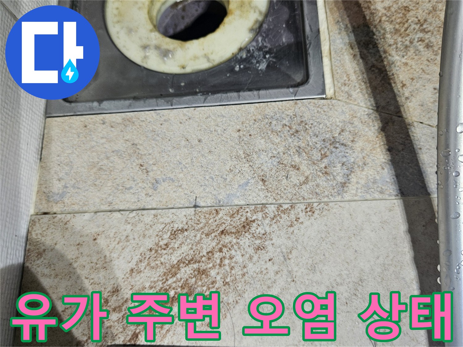욕실 유가 마감재의 변색과 머리카락이 낀 배수구 덮개 사진