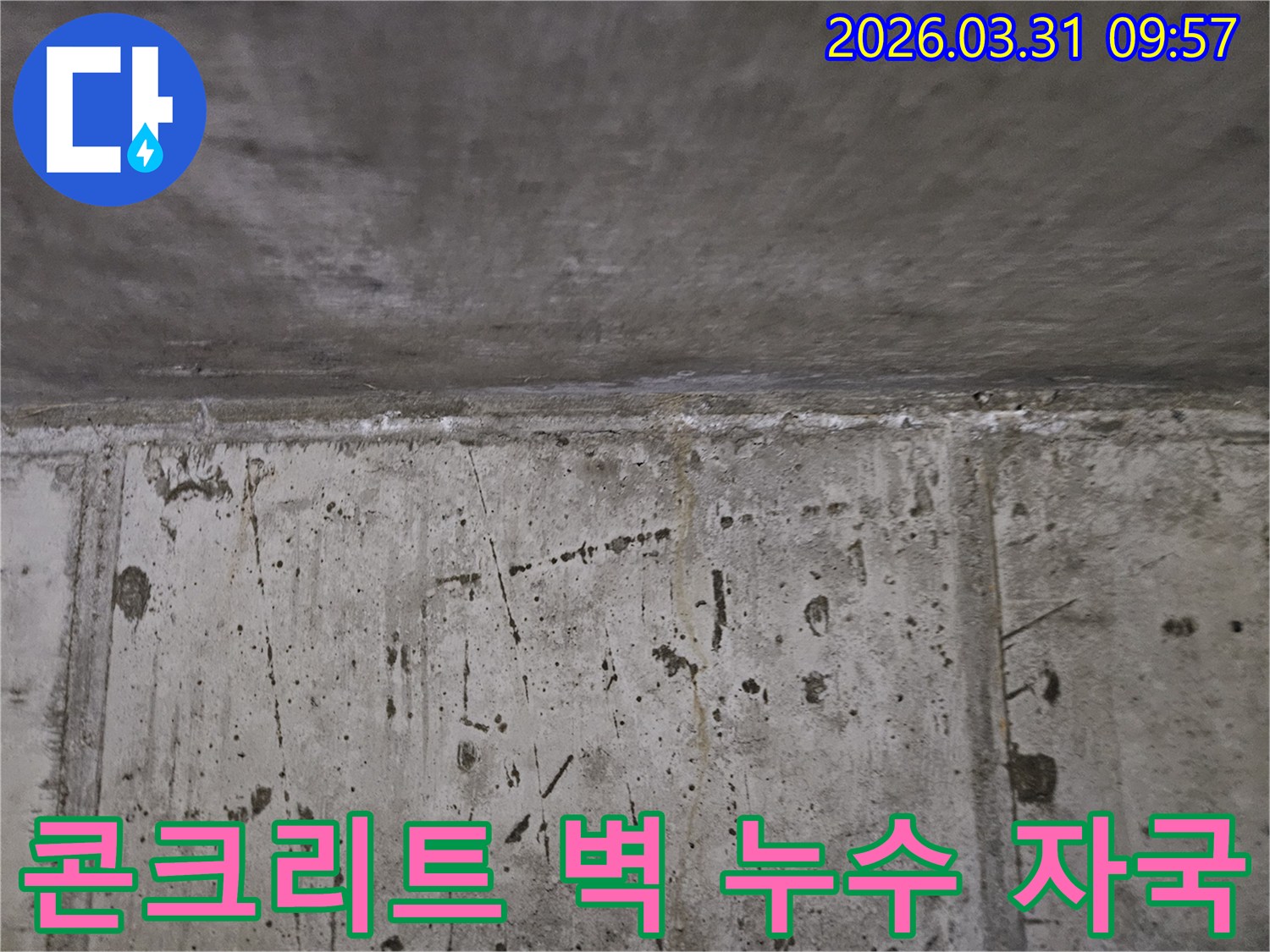 이 이미지는 콘크리트 벽면과 천장 경계에서 발생한 물-자국과 백화-현상을 상세하게 보여줍니다.