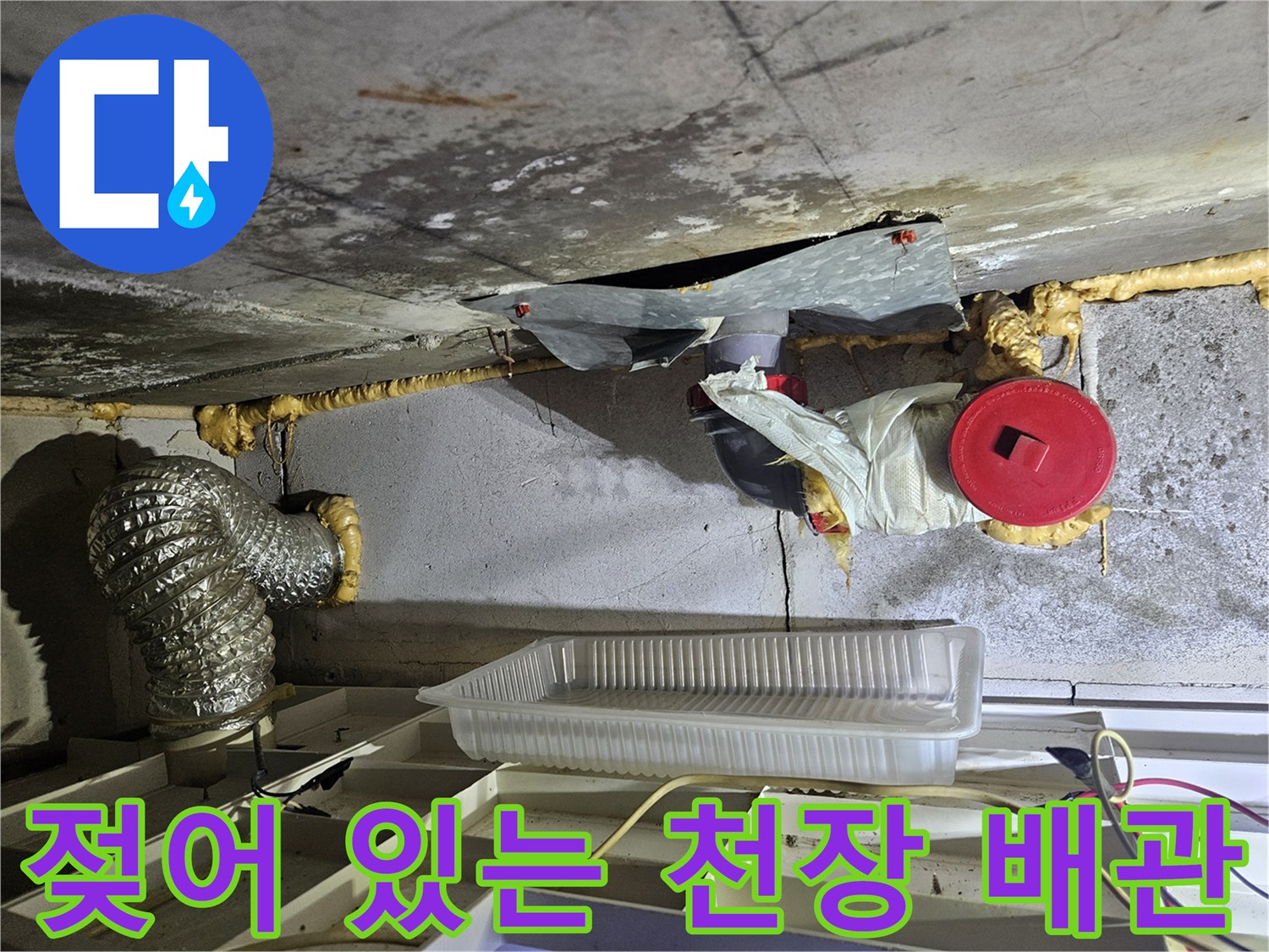천장 내부-배수관 주변의 젖은 마감재와 습기