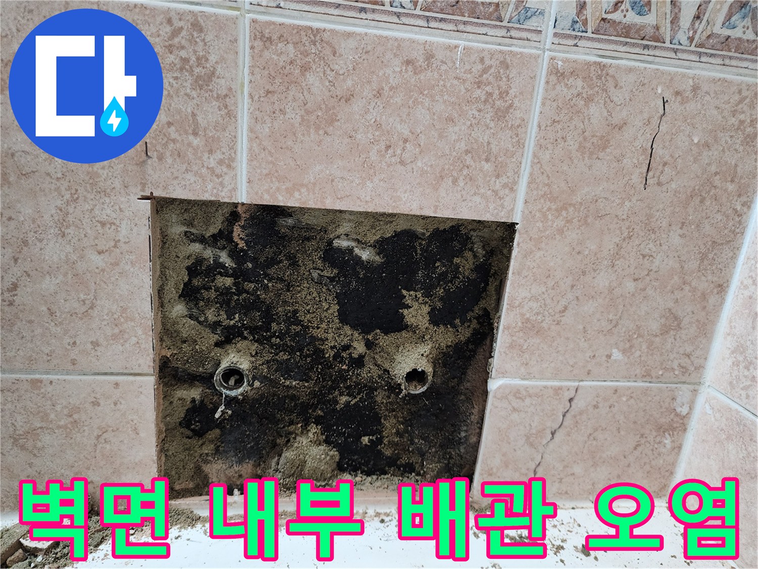 배관 연결 부위 주변의 검은 곰팡이와 습기 흔적