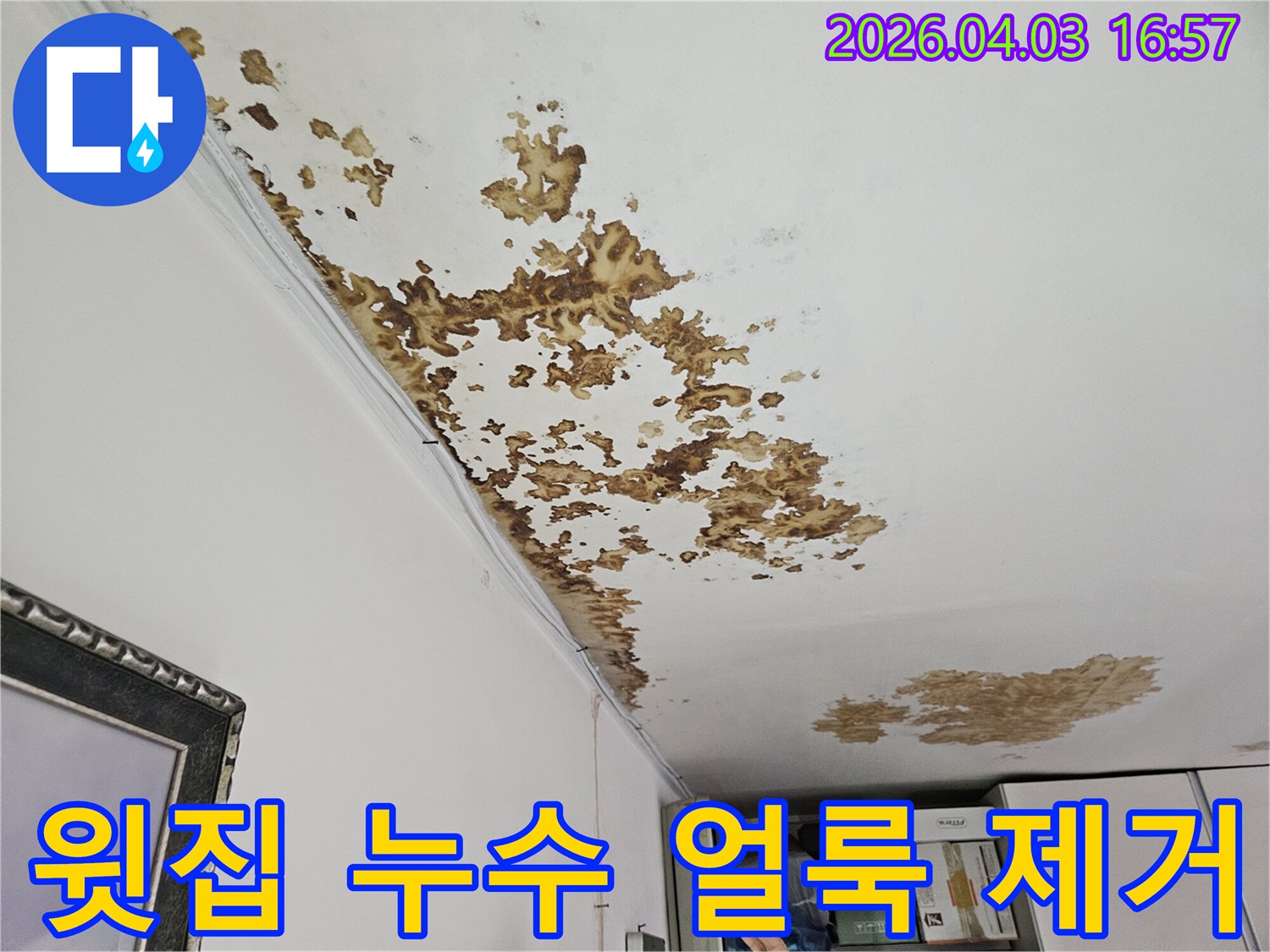 빌라 천장에 생긴 윗집 누수 얼룩을 보여주는 사진으로-전문적인 얼룩 제거와 누수 해결이 필요합니다