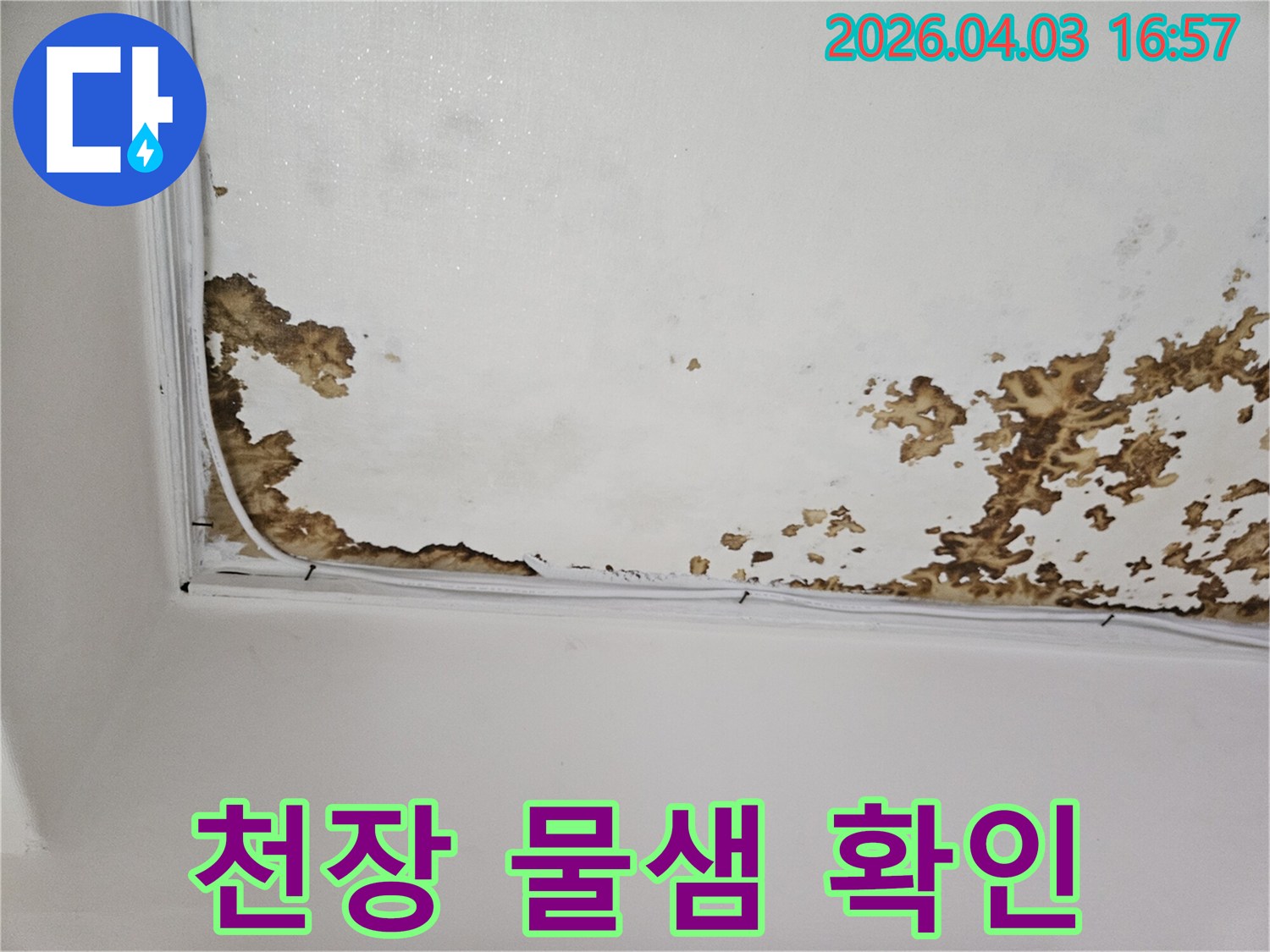 천장 표면에 얼룩덜룩하게 번진 물-자국과-마감재-손상을 통해-물-샘이-발생했음을 보여주는 사진