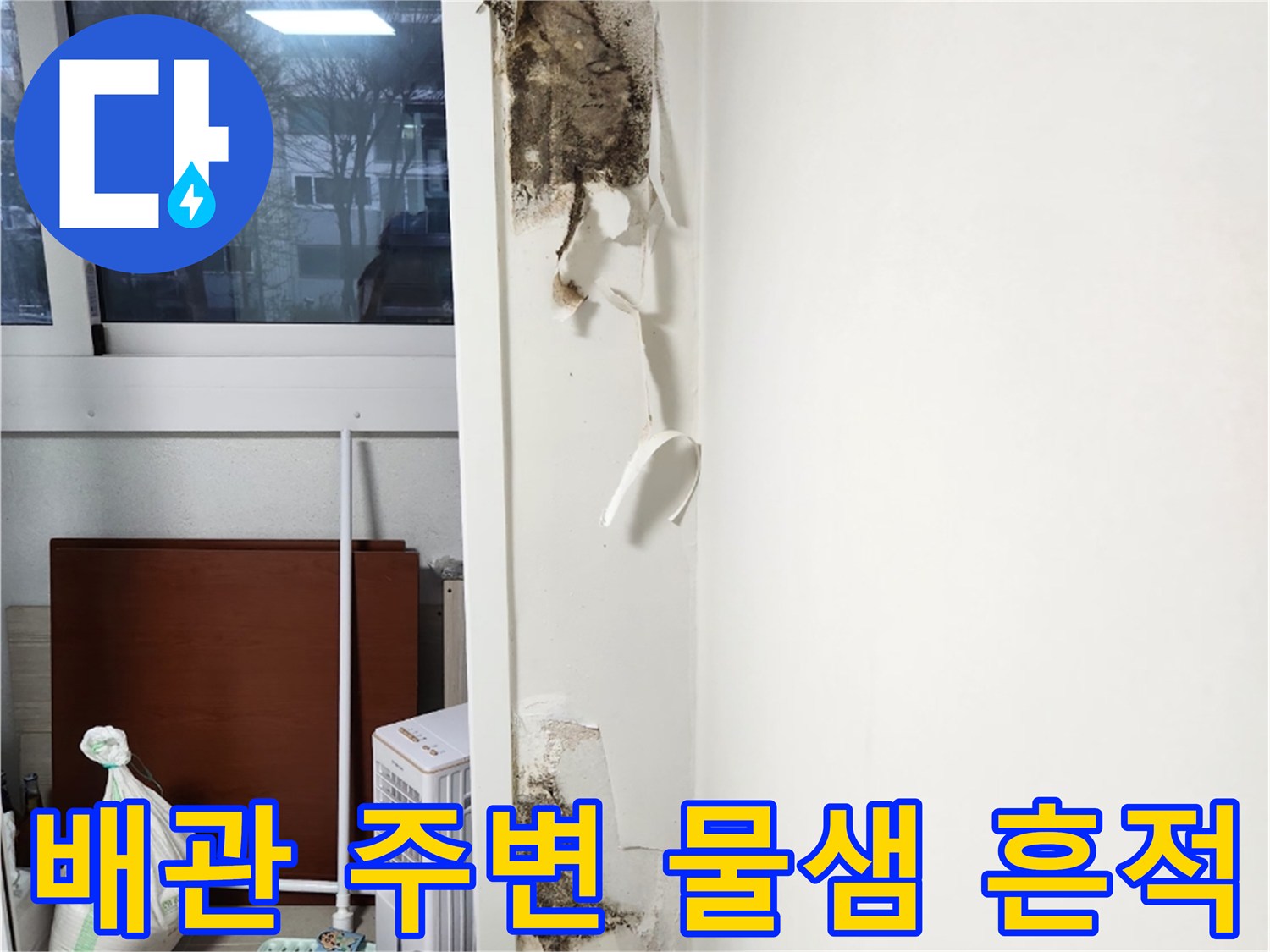 우수관 배관 근처 콘크리트 벽면의 심한 오염과 곰팡이