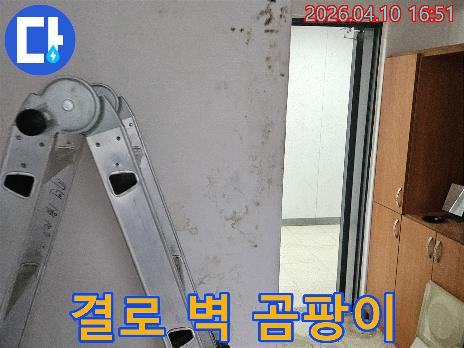 포천시 일동면의 건물 내부 벽에서 결로 현상으로 인해 발생한 곰팡이와 물자국입니다-정확한 원인 진단을 위한 현장 조사가 진행 중입니다.
