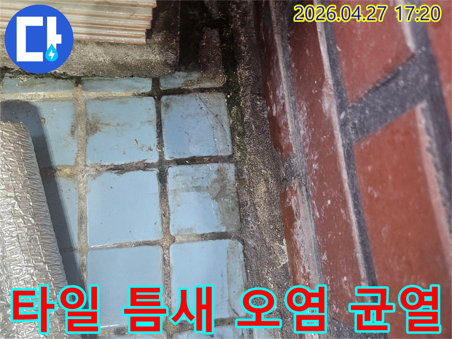 타일 틈새의 심각한 오염과-미세한 균열이 보이는-누수 현장의 클로즈업 사진