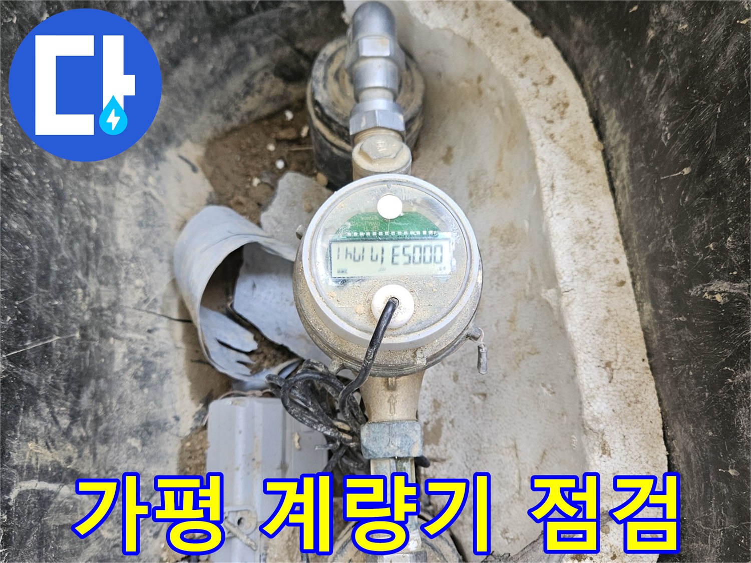 누수 진단을 위해- 지하에 매설된 듯한- 수도 계량기 주변을- 전문가가 확인하는- 중요한 순간입니다.