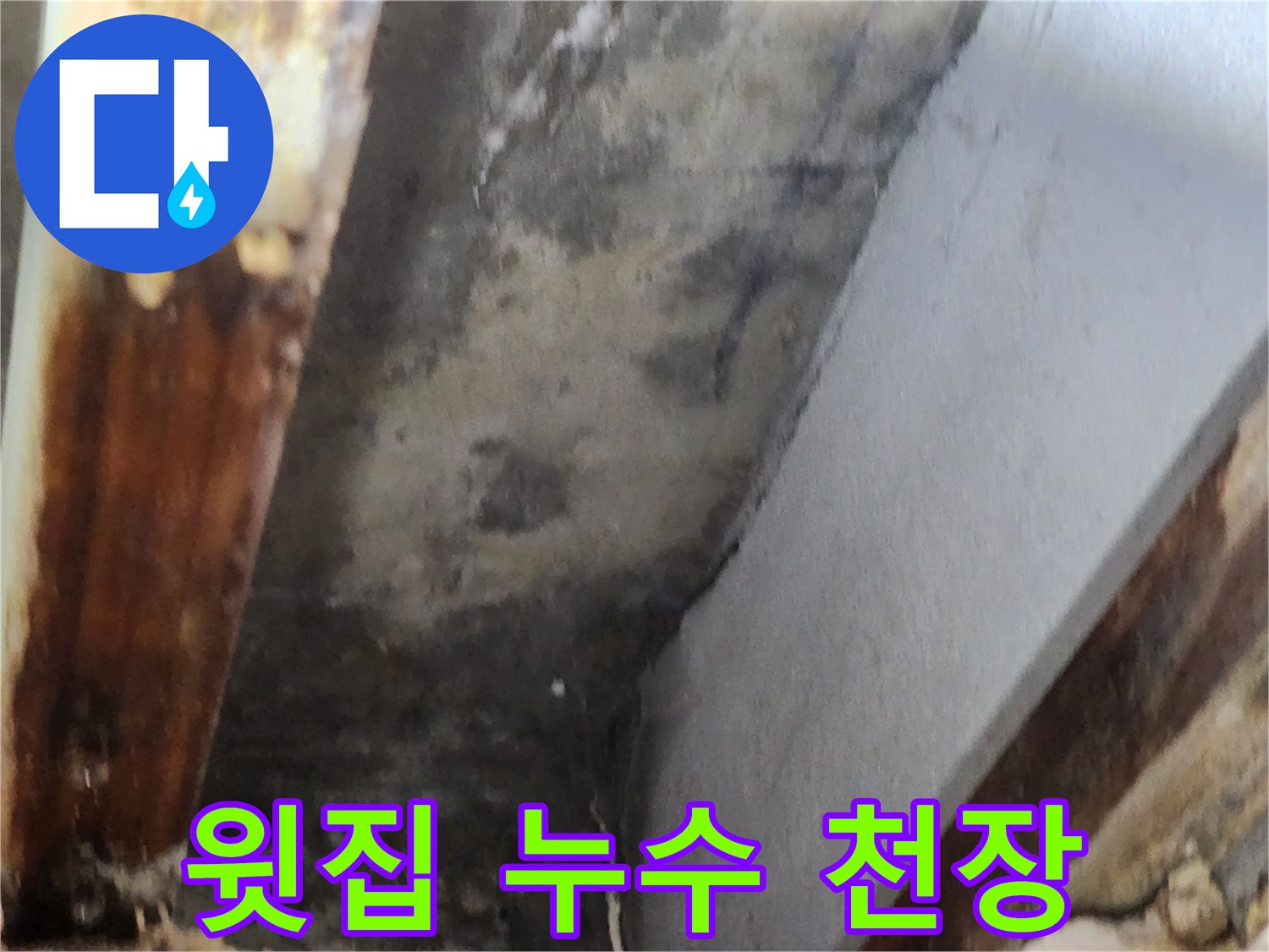 윗집 배관 누수로 인해 천장에 발생한 물자국과-곰팡이 피해 현장을 담은 이미지입니다