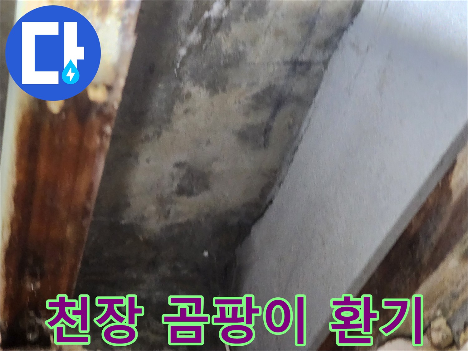 천장 모서리에 발생한 곰팡이를 제거하고-환기 솔루션을 적용하는 현장 이미지입니다
