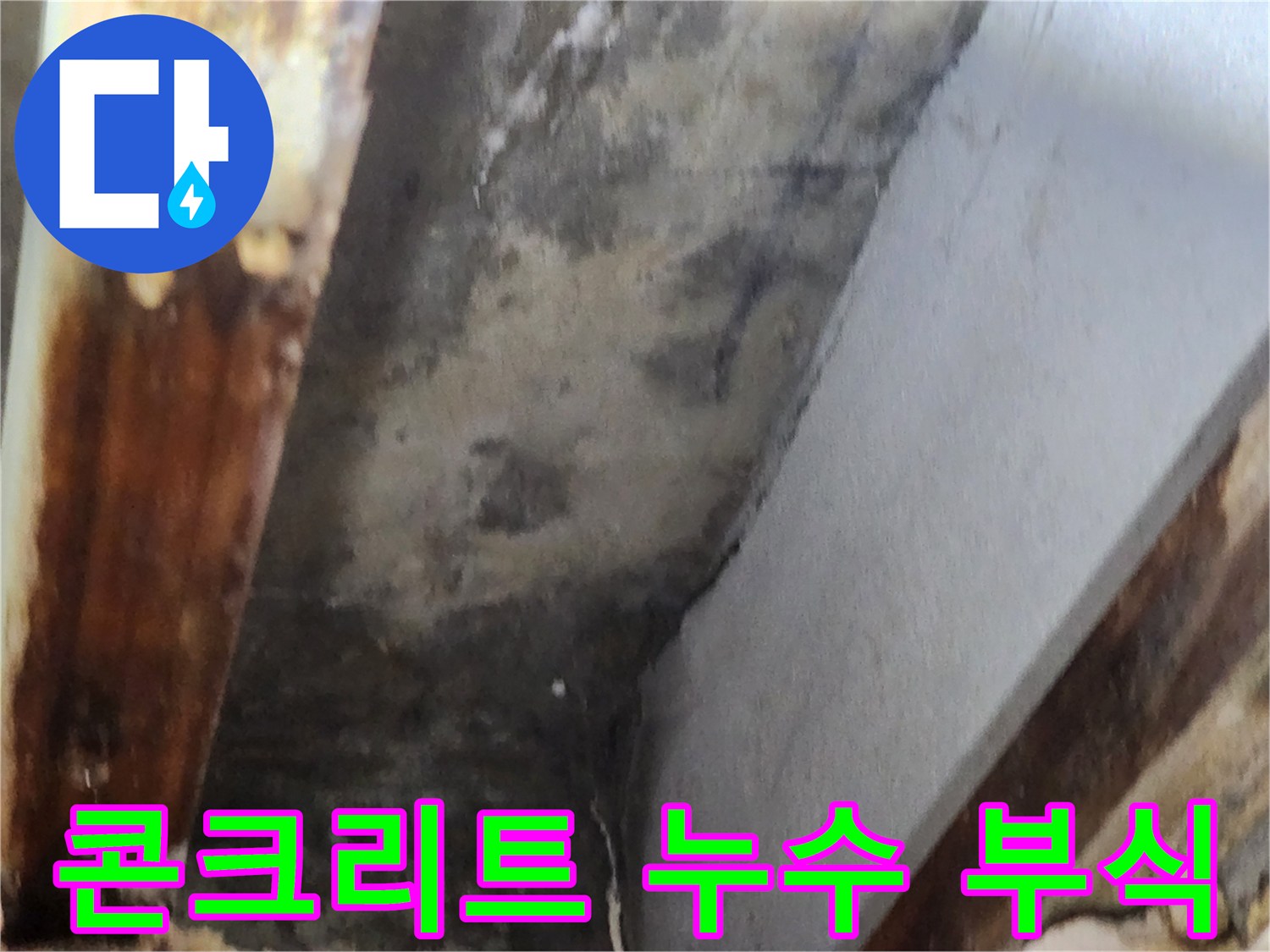 천장 콘크리트 면에 발생한 누수로 인한 부식과-곰팡이 흔적이 선명하게 보이는 이미지입니다