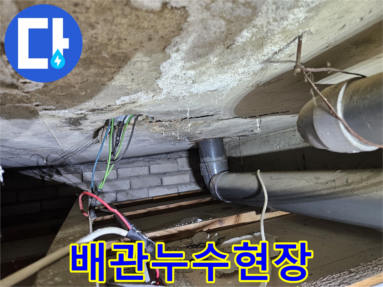 젖어있는-콘크리트-천장과-오수배관-누수-현장