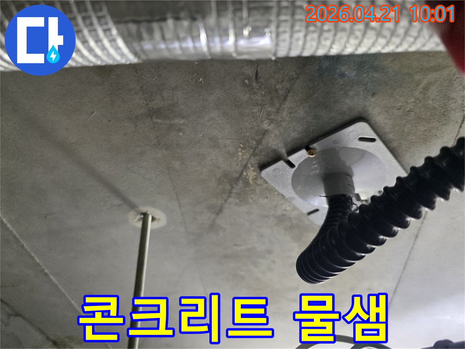 천장 콘크리트 슬라브에 발생한-물샘 현장의 초기 진단 모습