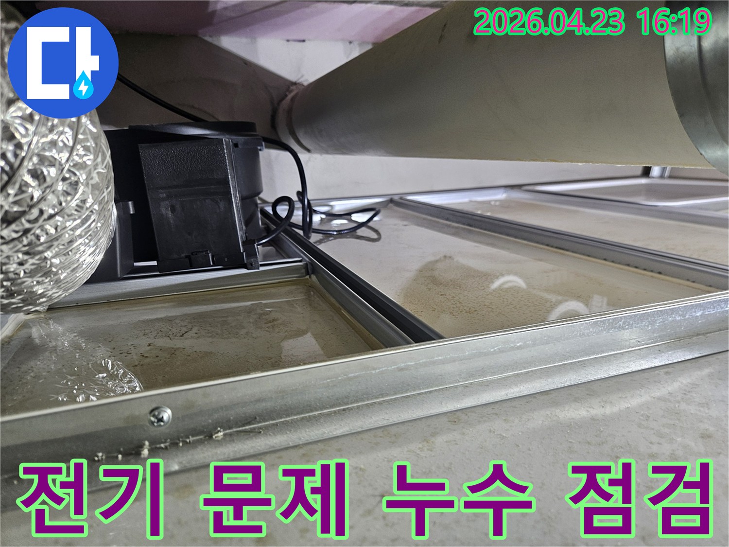 천장 속 배관 누수로-물이 고여있는 현장으로-전기 배선과의 접촉으로 인한-안전 문제 점검이 시급한 상황