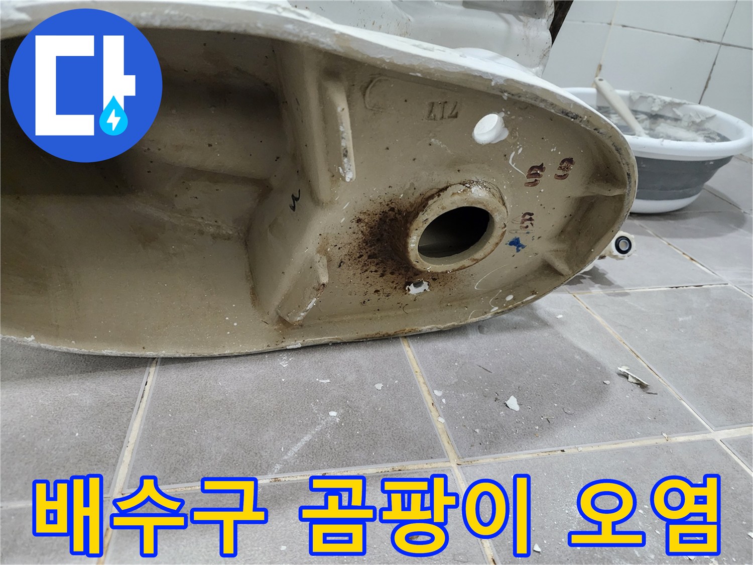 변기 하단-배수구 주변에-발생한 곰팡이와 오염을-전문가가 확인하는 모습입니다