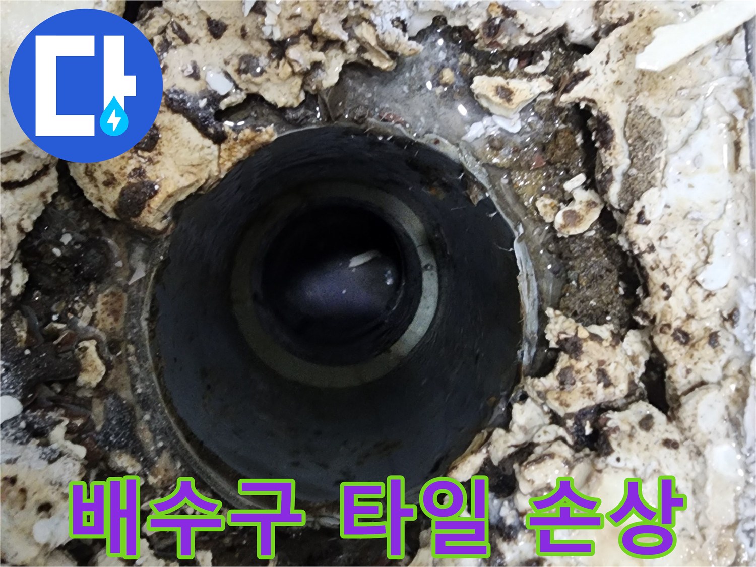 주택 욕실 배수구 주변에서-발견된 타일 손상과 물기 흔적으로-누수 원인을 분석하고 해결하는 모습