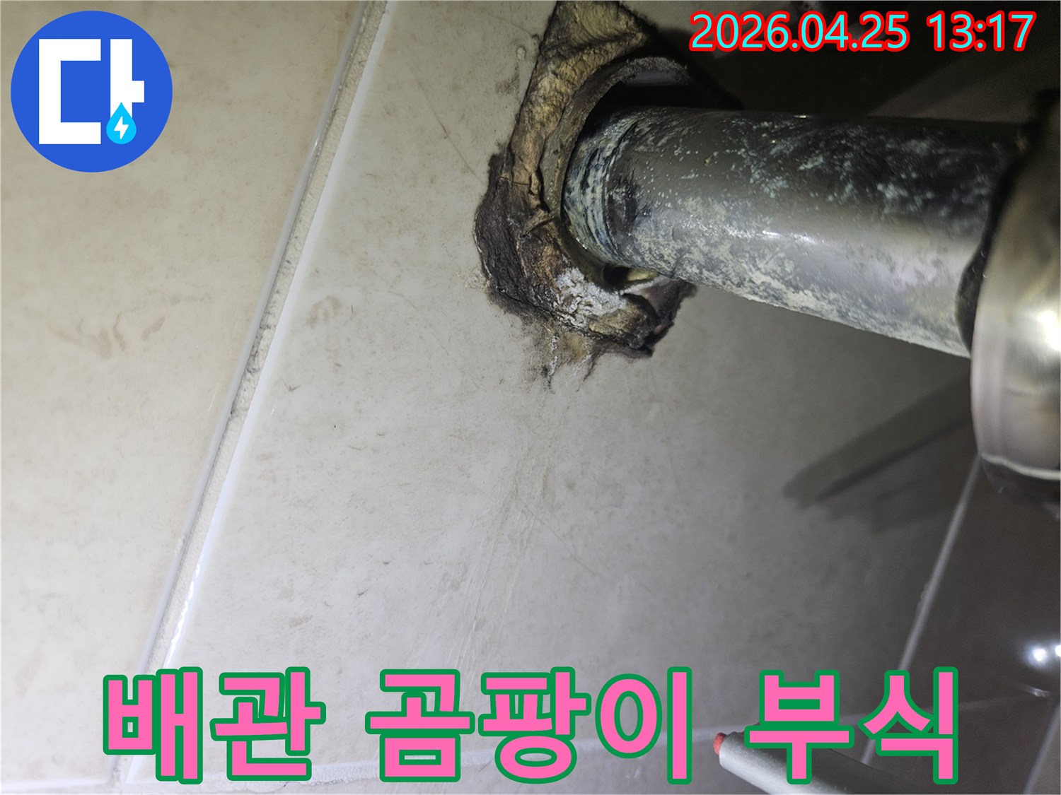 광명 하안동 빌라 욕실에서-배관 주변에 발생한-심각한 곰팡이와 부식 흔적을 보여주는 이미지