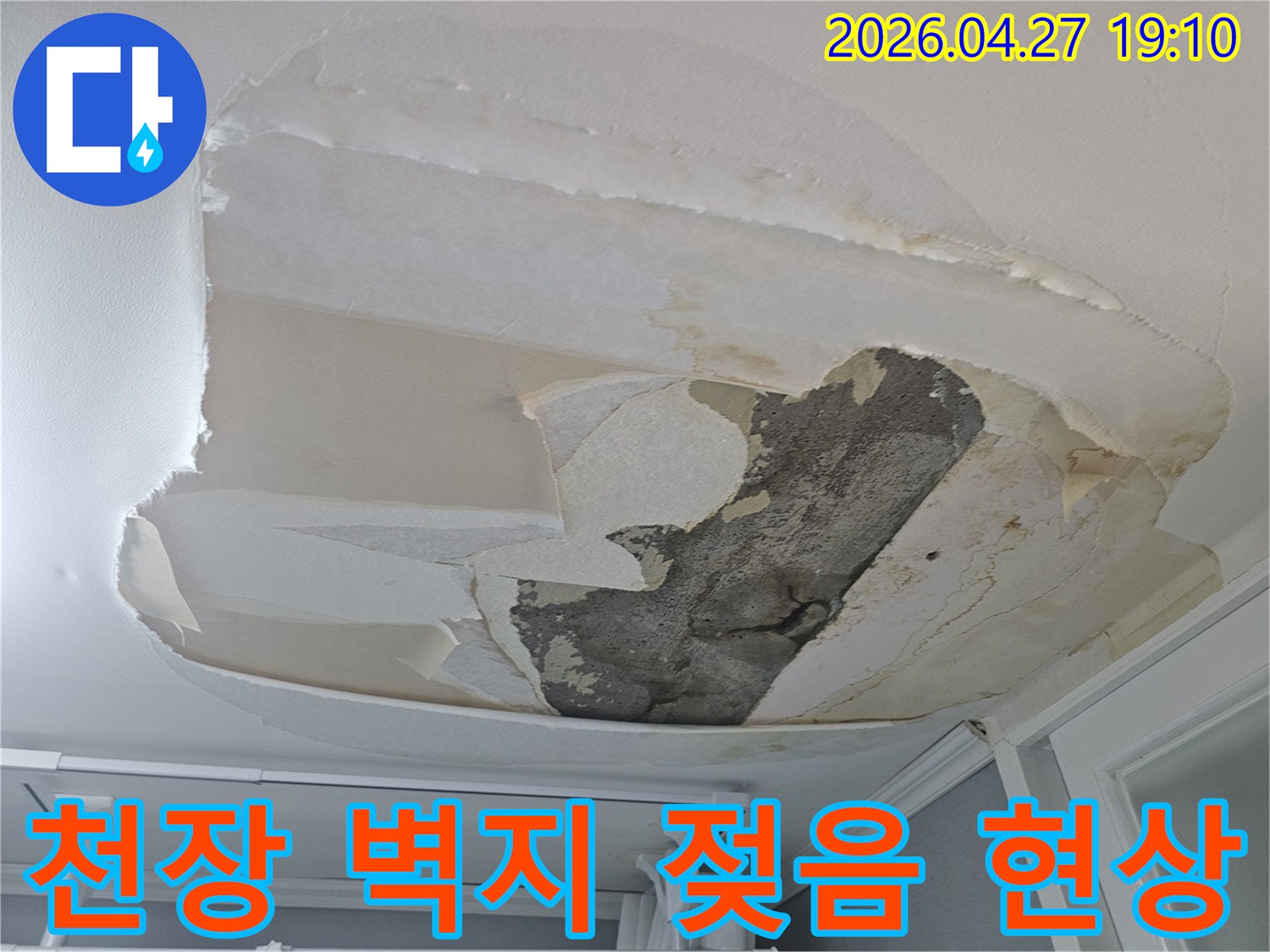 천장 벽지가 물에 젖어-심하게 벗겨지고-콘크리트가 드러난-누수 손상 이미지입니다