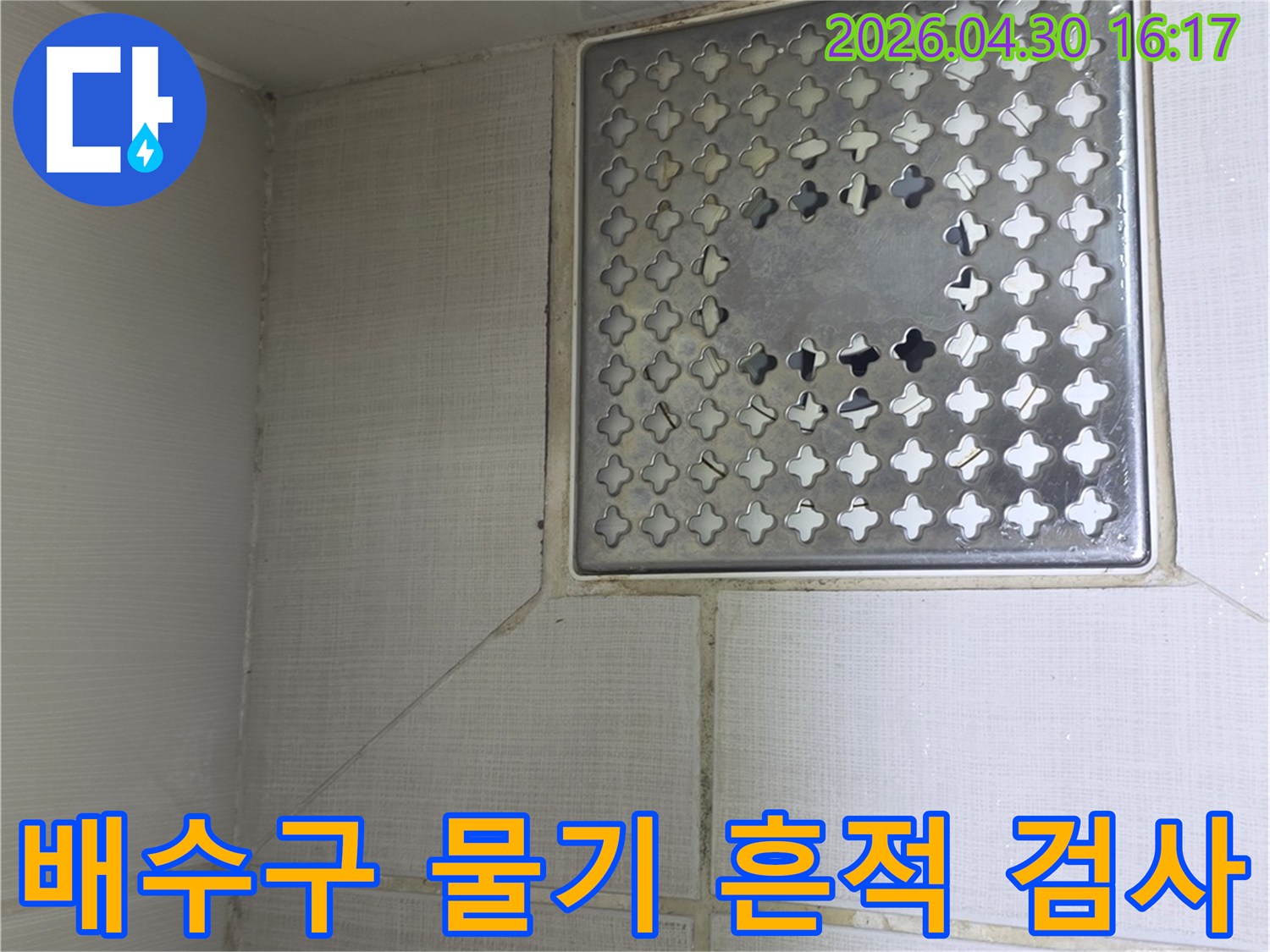 서울 성동구 화장실-배수구 주변의-지속적인 물기 흔적을-정밀하게 검사하여-누수 발생 여부와-원인을 파악하는 모습