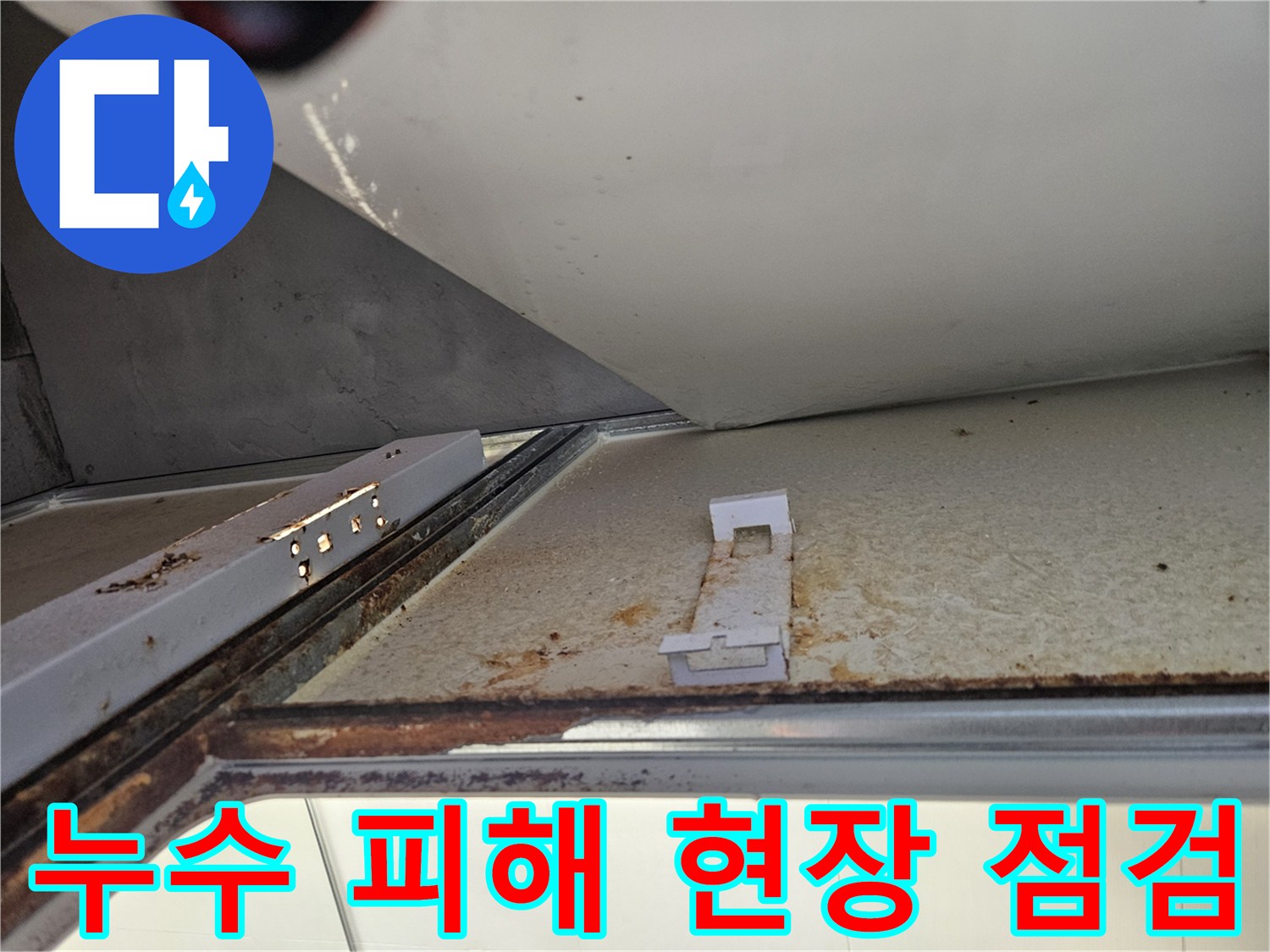 김포 아파트에서 누수로 인한 피해 현장 점검 중-녹슨 천장 구조물과 오염된 마감재