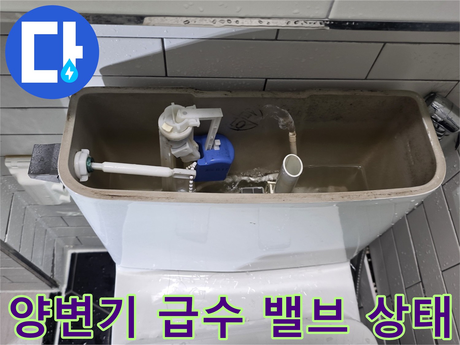변기 탱크 내부의 파란색 필터와 흰색 부속품들의 배치 상태