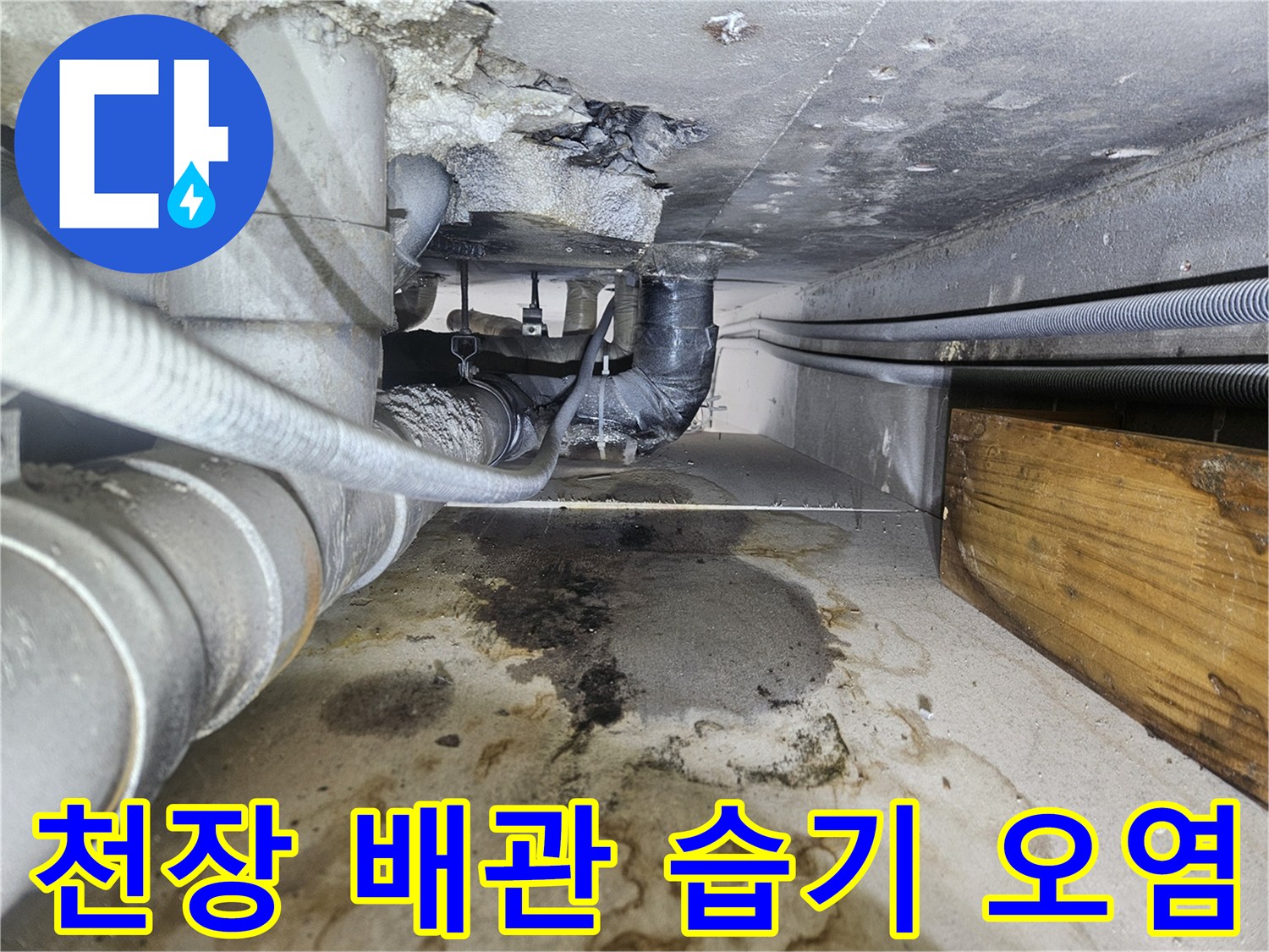 습기로-얼룩진-천장-바닥면과-배관-연결부-모습