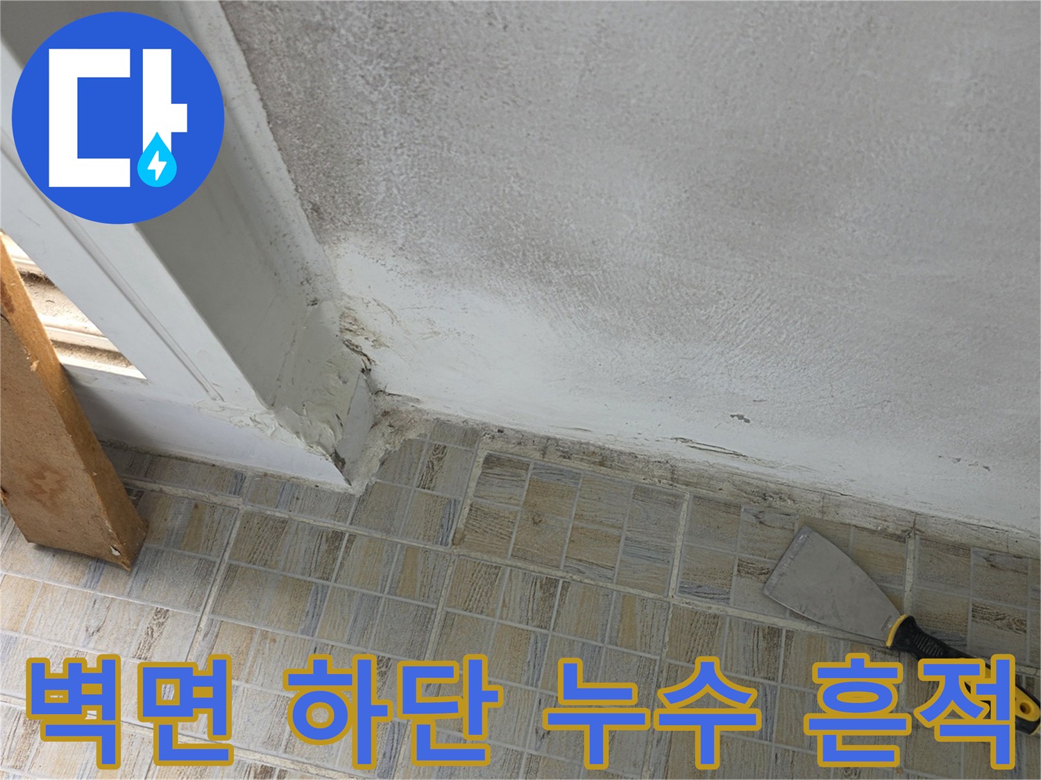 물기가 스며든 베란다 벽면과 타일 경계의 얼룩 부위