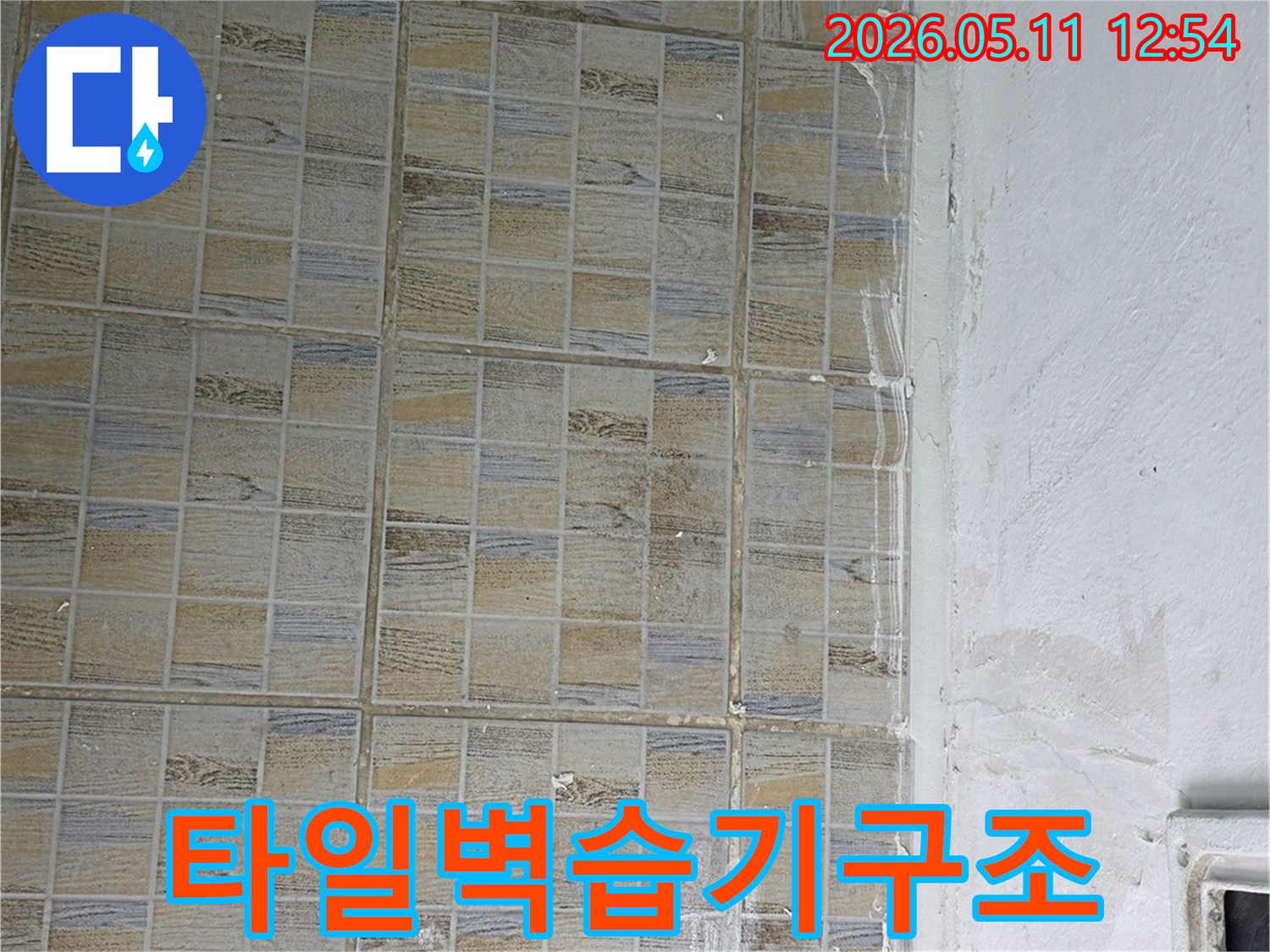 타일-위쪽-벽면에-나타난-습기-침투-흔적과-구조적-손상-우려-상황