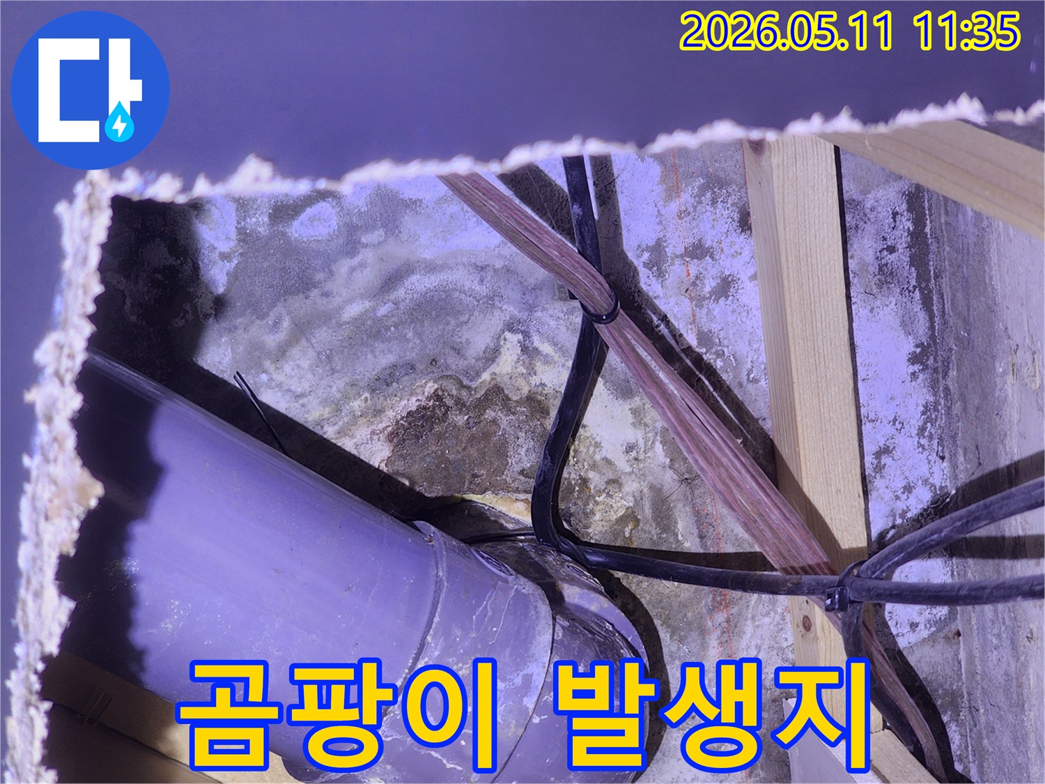 배관-사이로-물이-새어-나와-벽면과-전선에-영향을-준-곰팡이-오염-상태를-보여주는-이미지입니다.