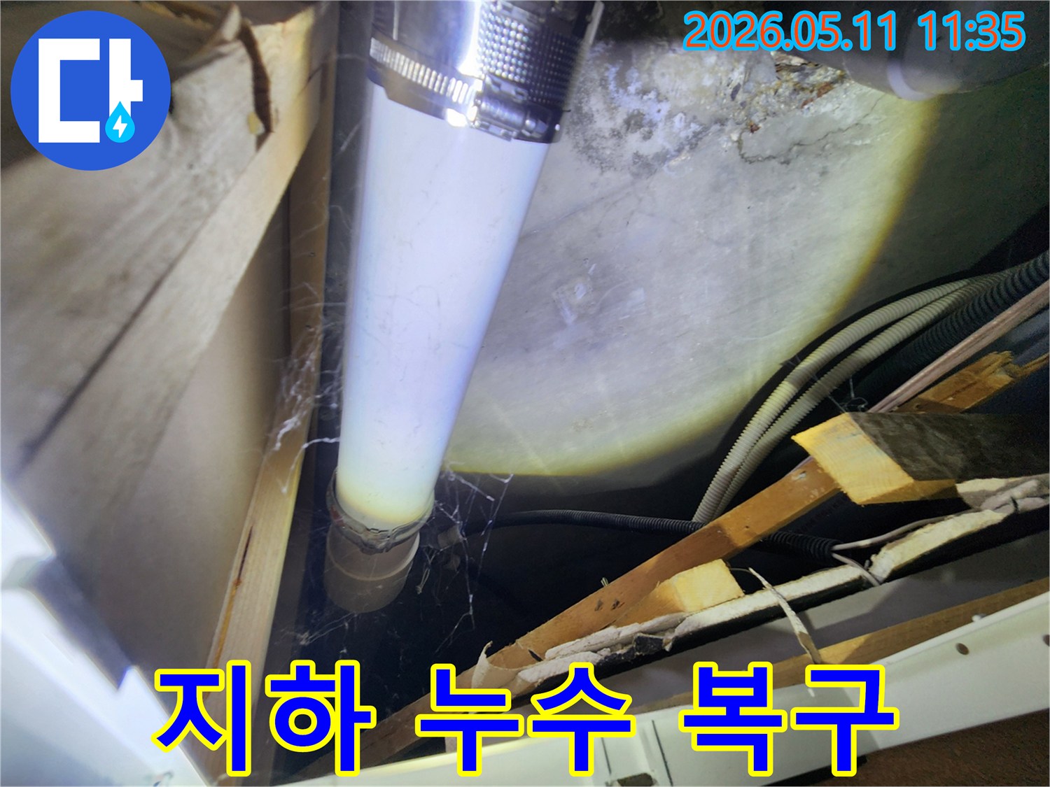 지하 공간의 배관에서-발견된 물기 흔적과-거미줄을-자세히 보여주는 이미지입니다.