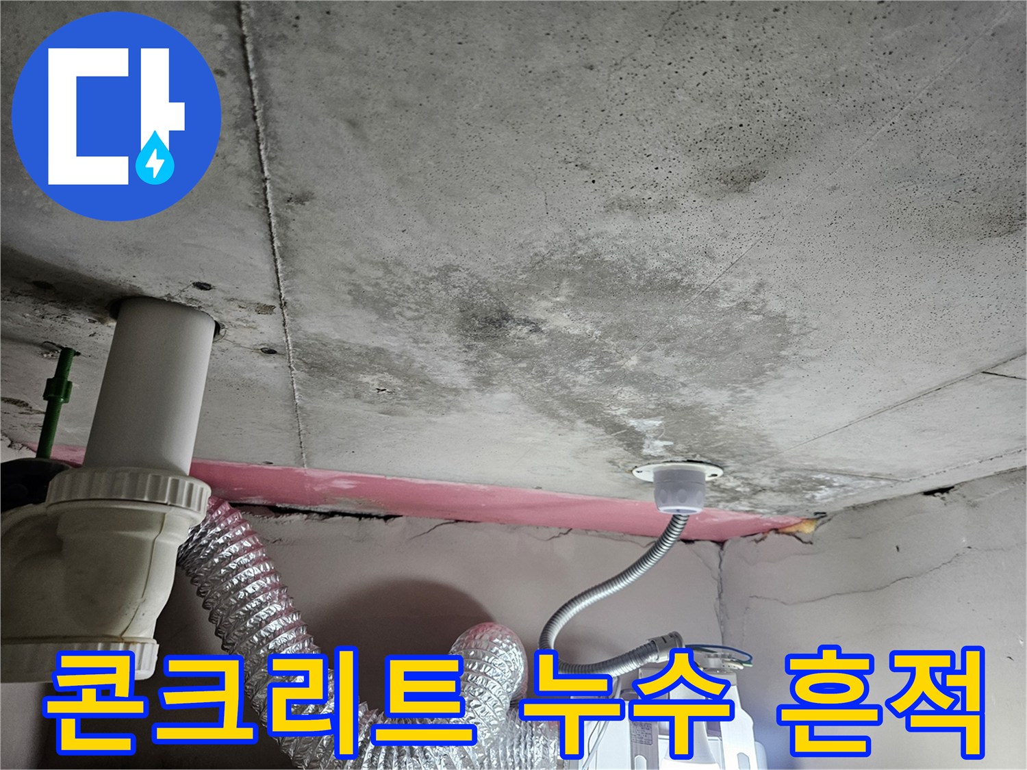 오염된-콘크리트-천장면과-하단에-노출된-배수-관로