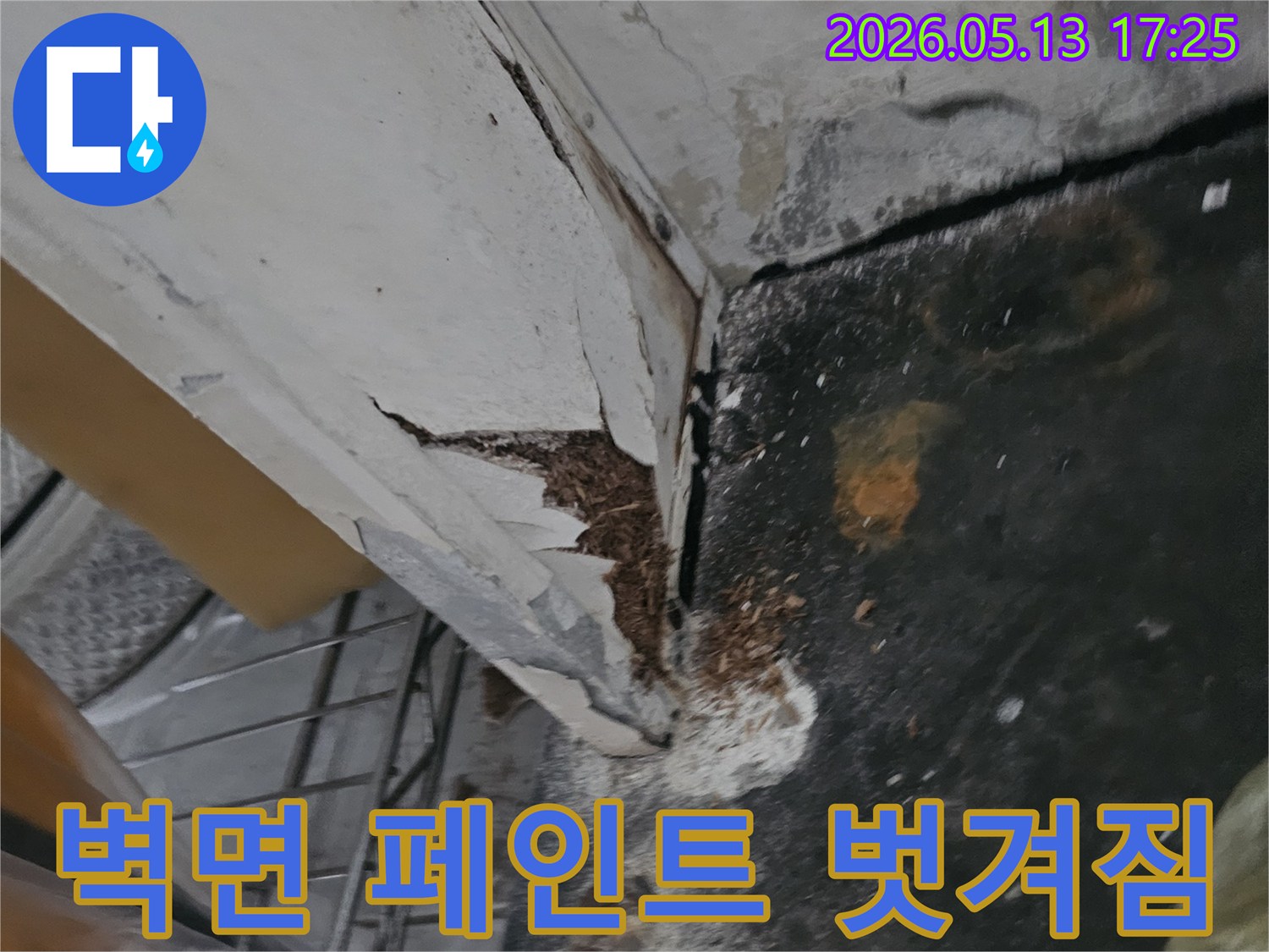 천장 누수로 인해 벽면 페인트가 벗겨지고-곰팡이가 발생한 심각한 주택 누수 현장입니다-체계적인 보수 작업이 필요합니다