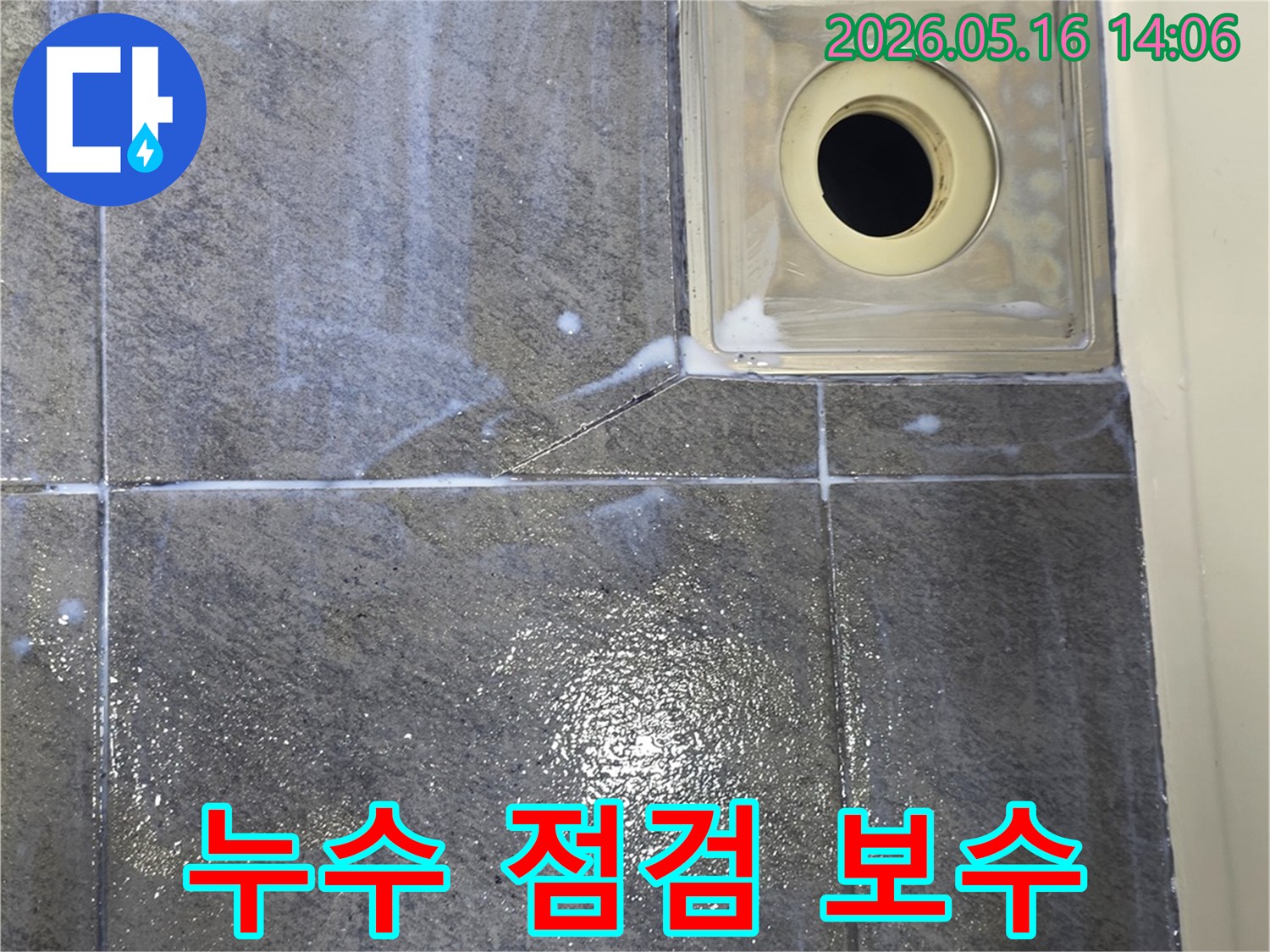 화성 향남 발안-아파트 욕실 바닥-배수구 주변의-누수 흔적을-저희가-정밀하게 점검하고-보수를 위한-계획을 세우는 현장