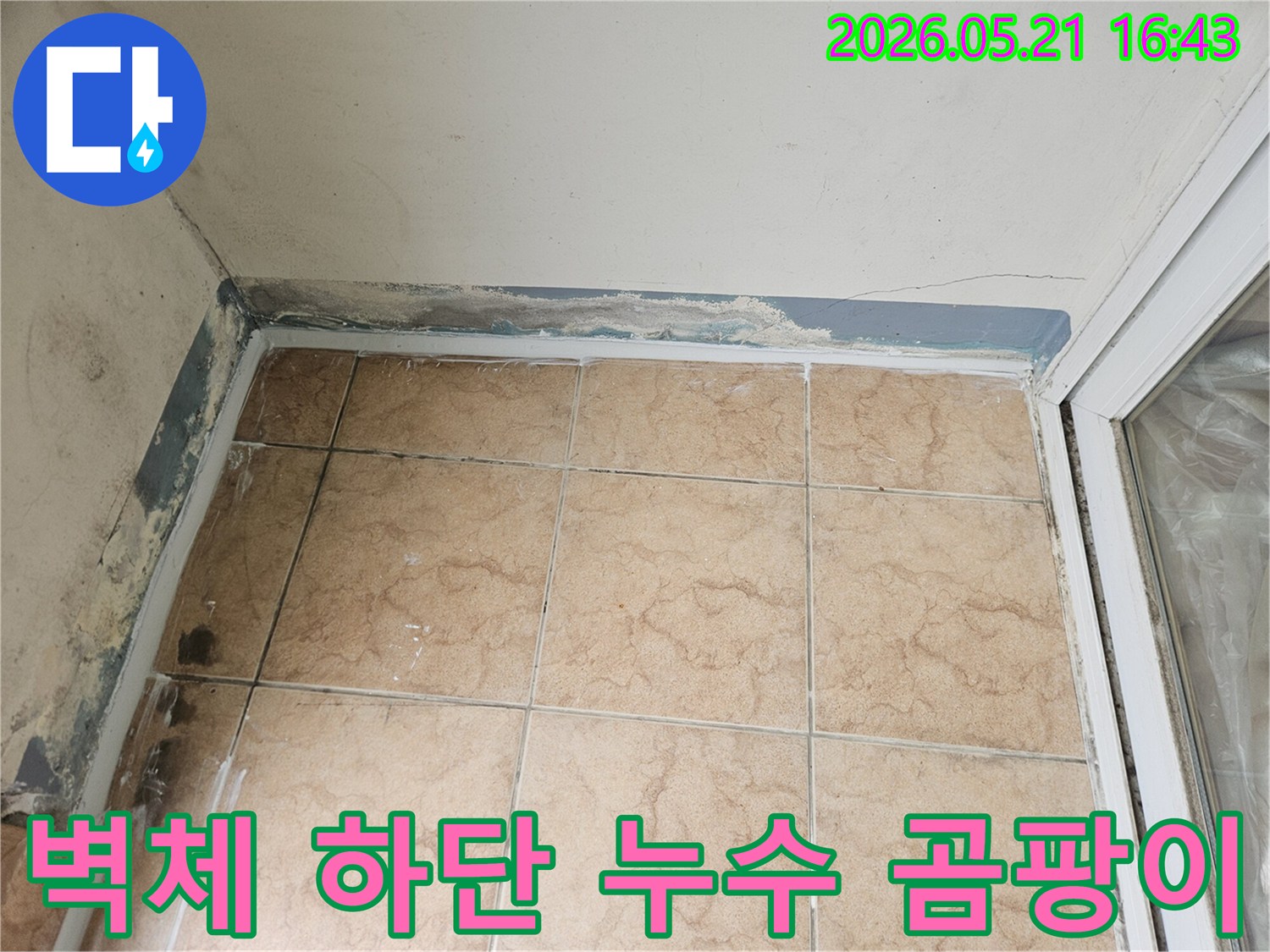 아파트 벽체 하단에 누수로 인해 발생한 곰팡이와 물자국을 보여주는 사진