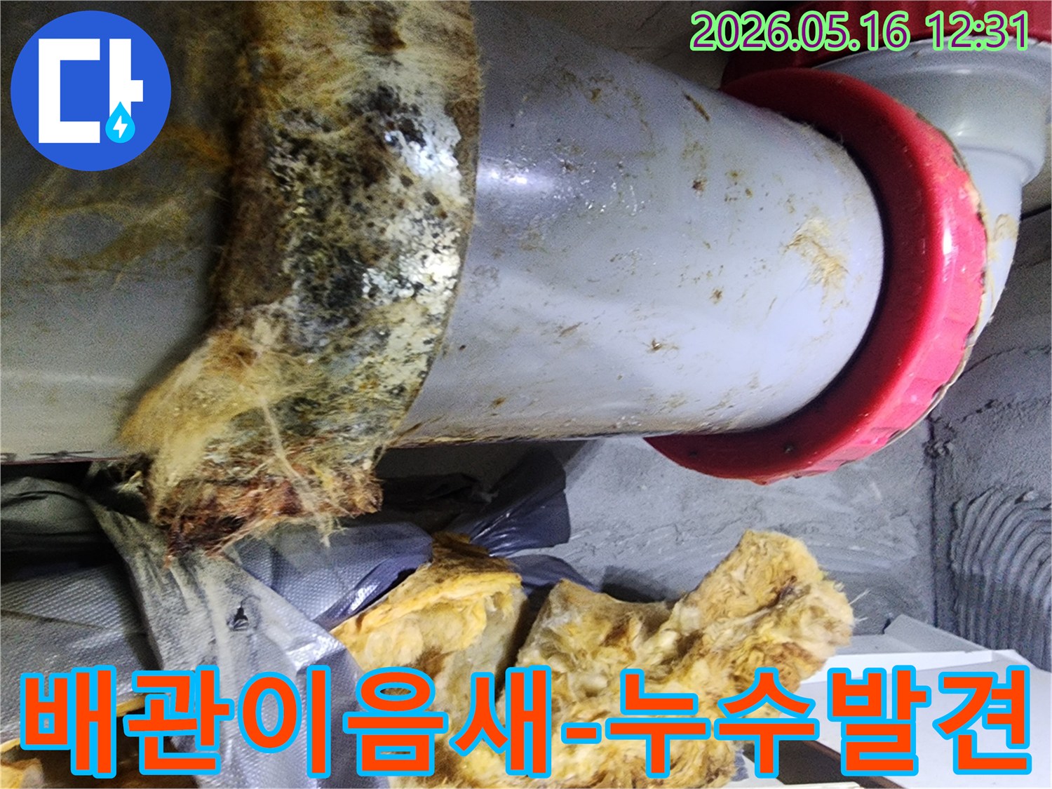배관 이음새 부분에서-물이 새어 나와-단열재가 젖은 현장을-저희가 발견했습니다