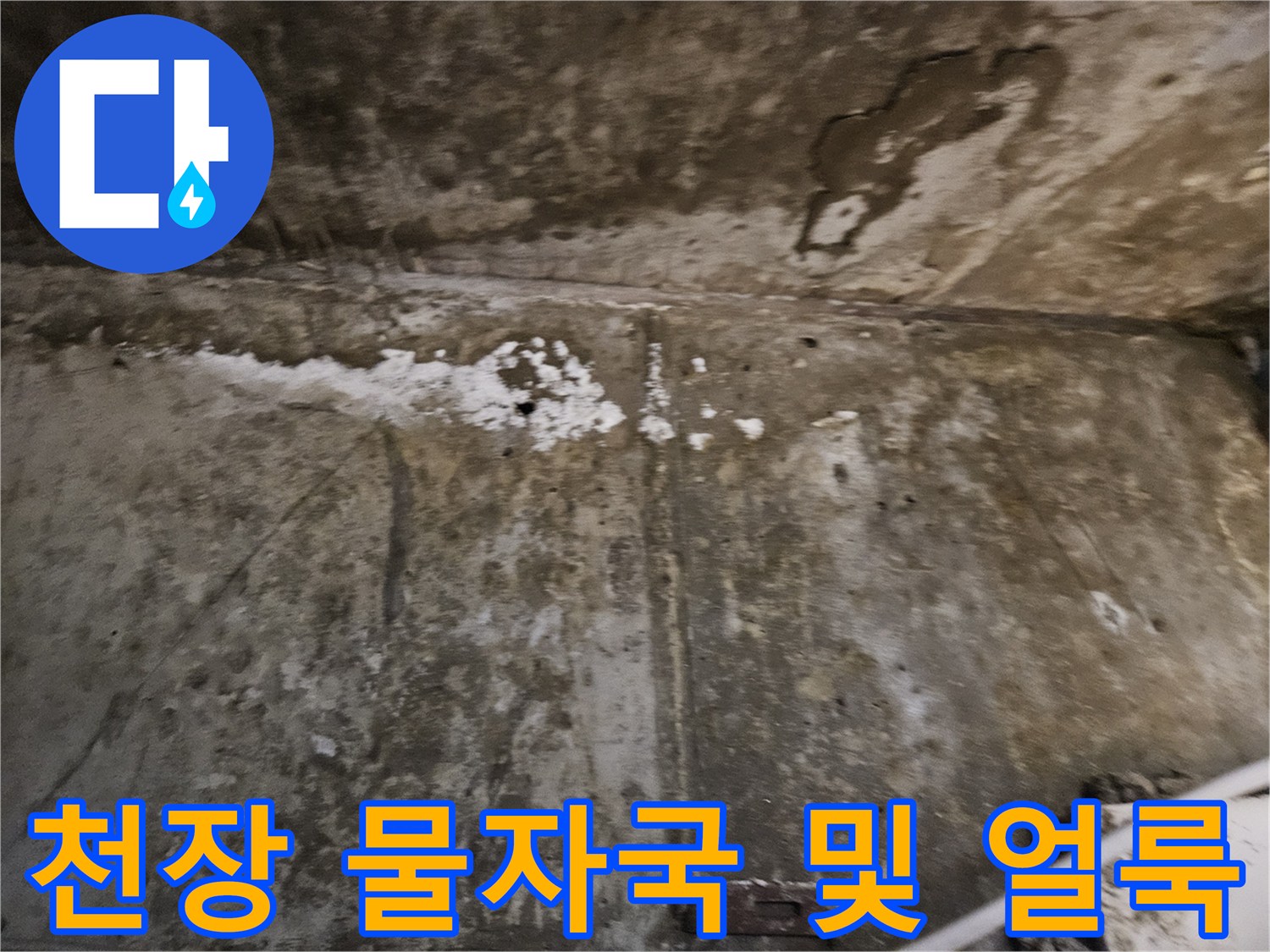습기가 스며든 천장-물샘 흔적이 남은 콘크리트 표면