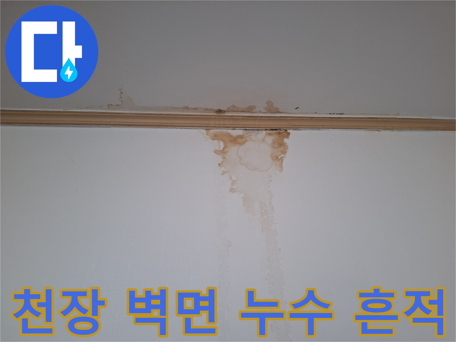 빌라 내부-천장과 벽면 경계에 발생한 갈색 누수 얼룩