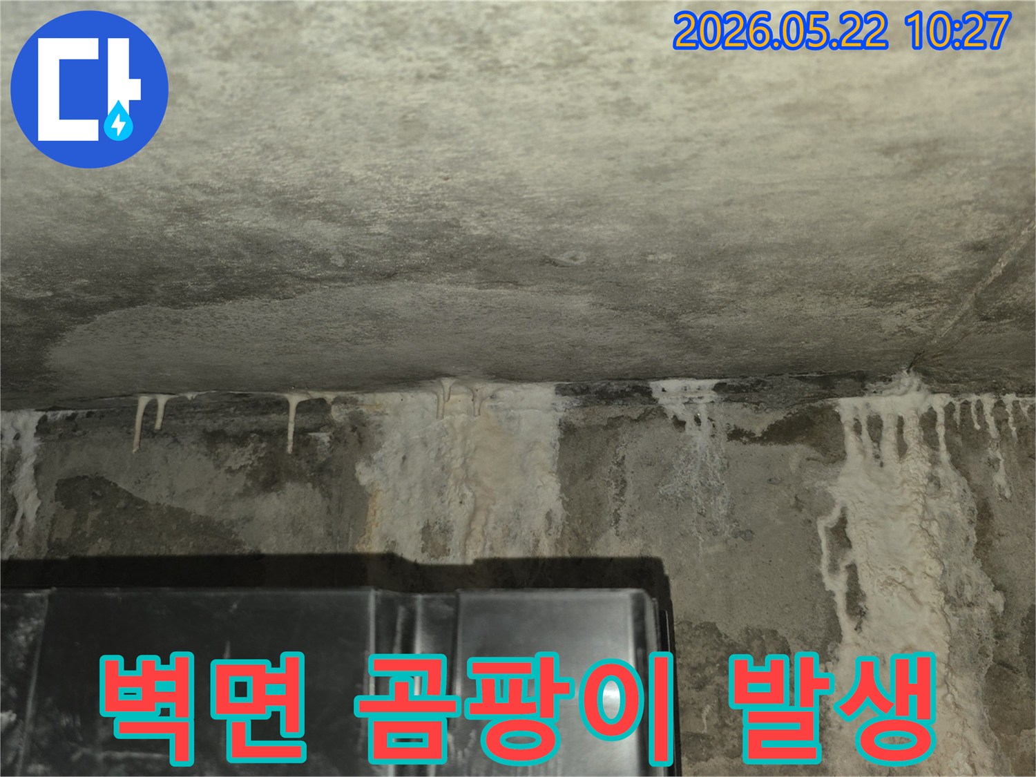 이 사진은-콘크리트-천장과-벽면-경계에서-물이-새어-나와-하얗게-흐르는-백화-현상과-함께-벽면의-젖은-흔적을-보여주며-정확한-누수-탐지가-필요함을-나타냅니다