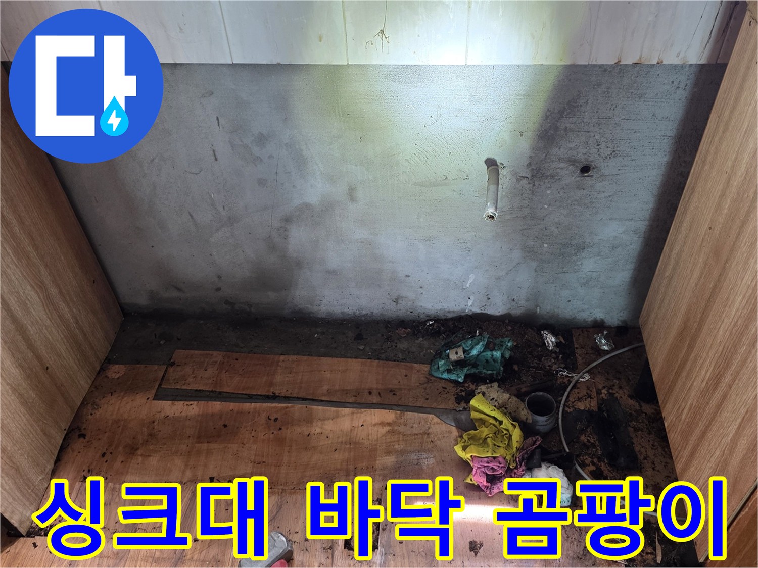 싱크대 하단부-습기로 인해 변색된 합판과 곰팡이가 발생한 모습