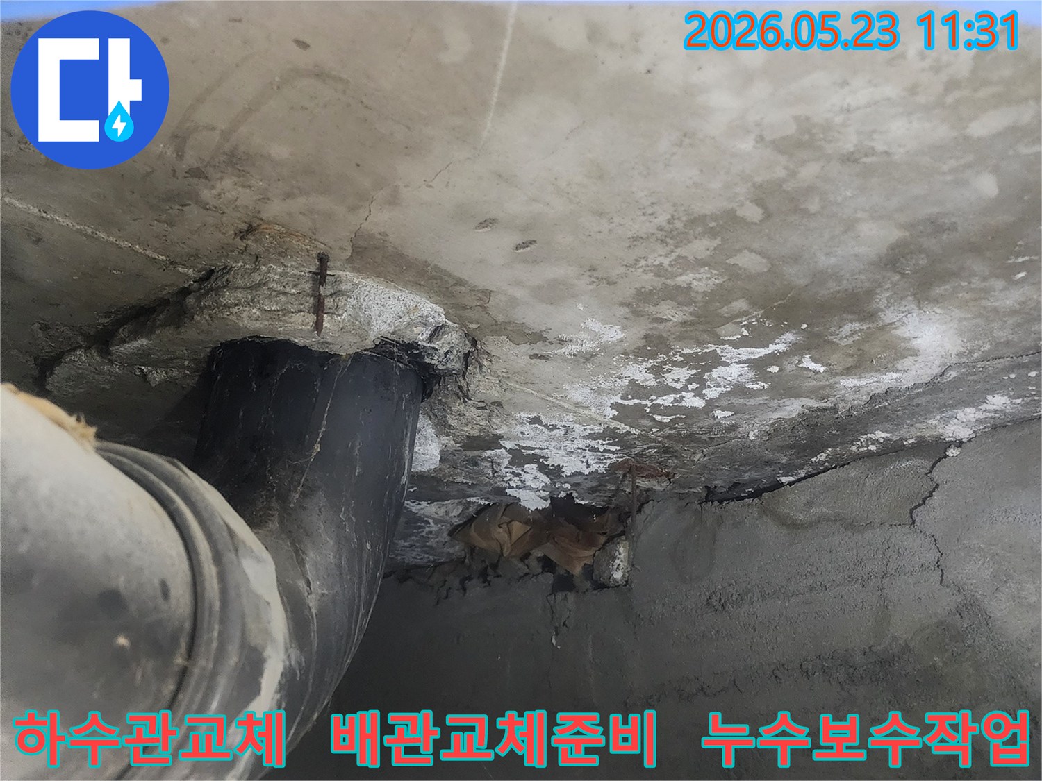하수구 배관에서 발생한-누수로 인해-콘크리트 벽면이-젖고 손상된-모습을 보여줍니다.
