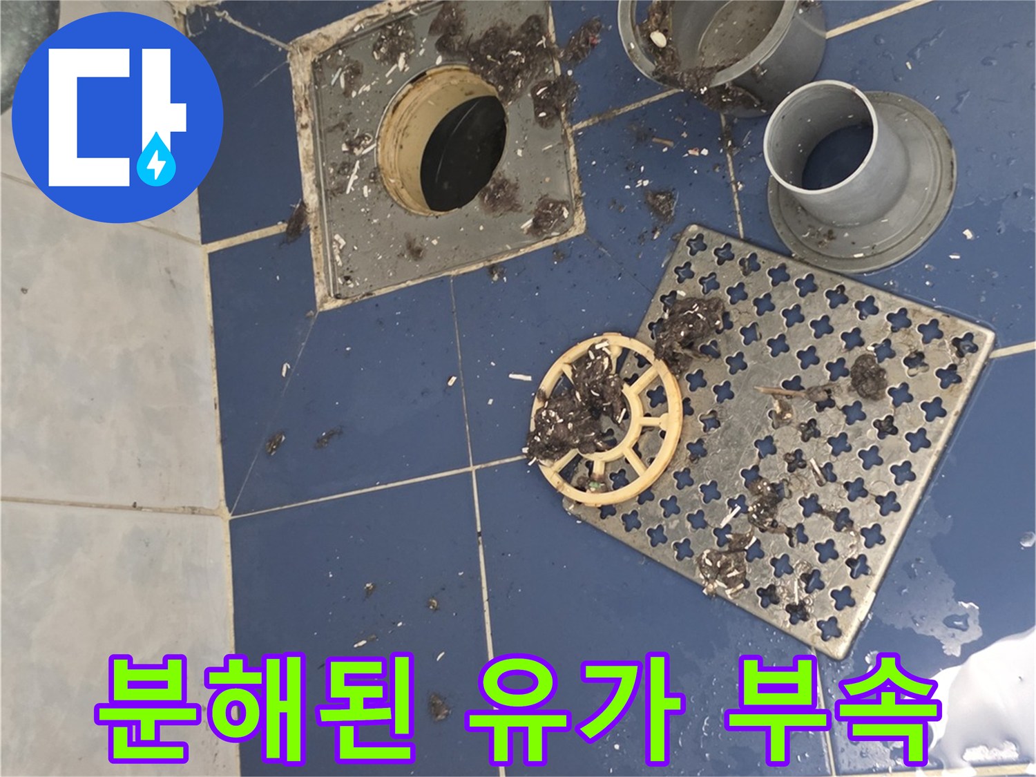 배수구 주변 타일 틈새와 탈거된 배수 트랩 구성품