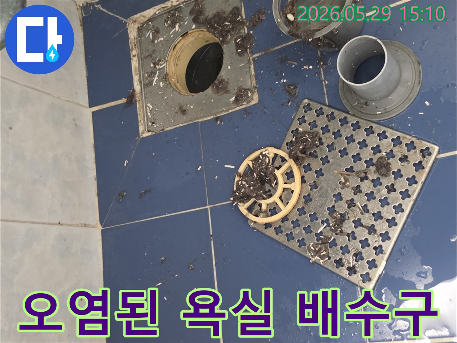심하게-오염되어-분리된-욕실-배수구-부품들과-주변의-이물질을-보여주는-사진입니다