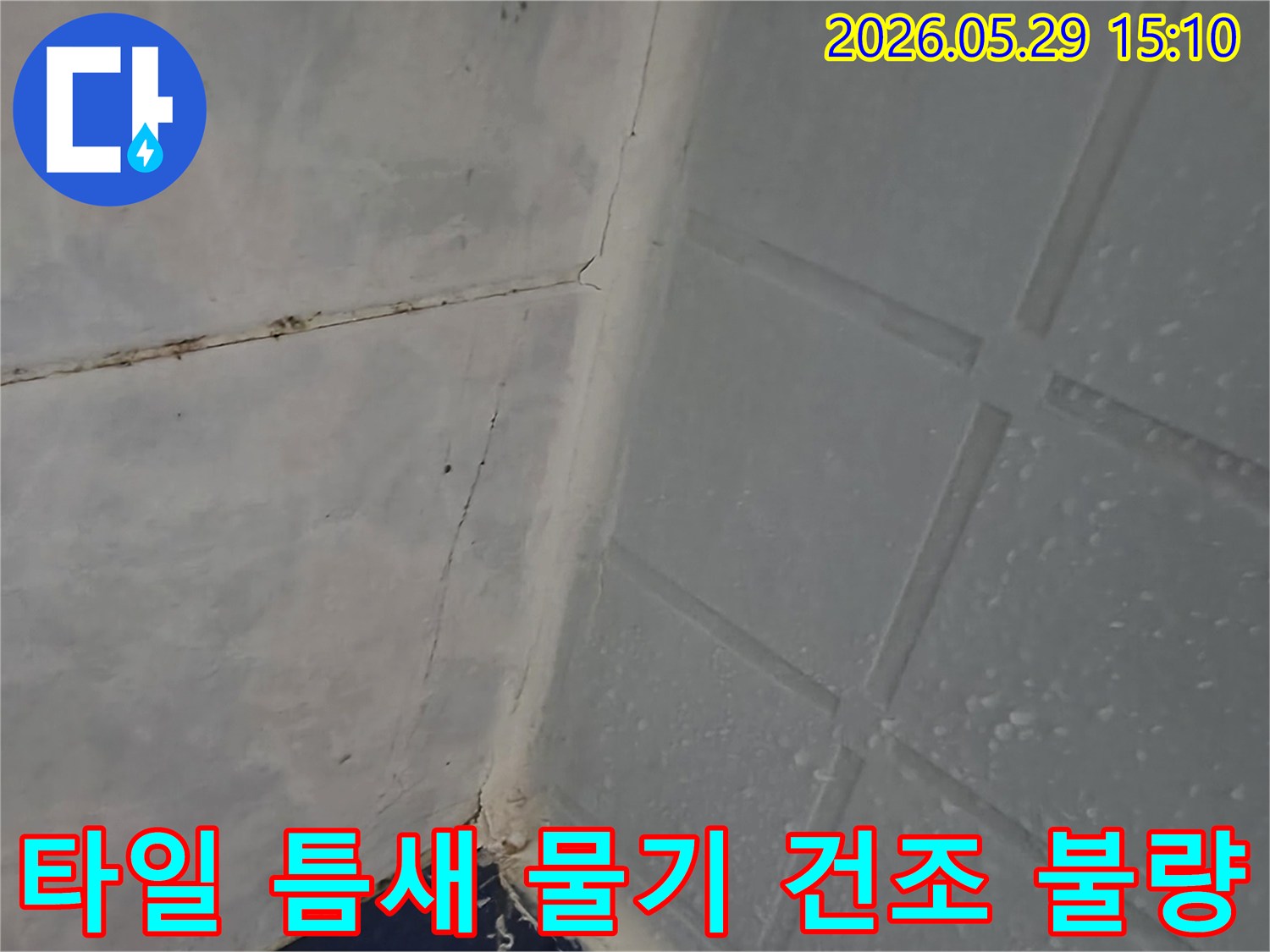 이 이미지는 동두천 아파트 욕실 타일 틈새에 물기가 건조되지 않는 누수 현장을 보여줍니다-전문가가 물기 건조 불량 원인과 누수 연관성을 조사하고 있습니다