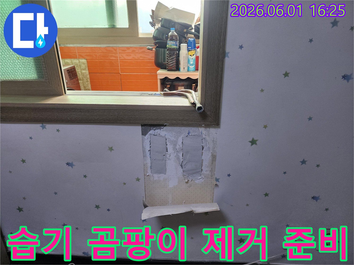 누수-로-인한-벽면-내부의-습기와-곰팡이를-제거하기-위해-벽지를-제거하고-준비하는-모습