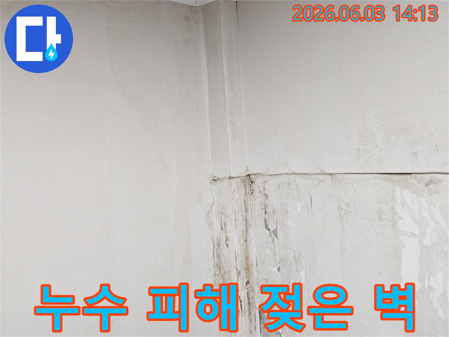 누수로-인해-벽지가-젖고-얼룩진-벽면-상태를-보여주는-사진