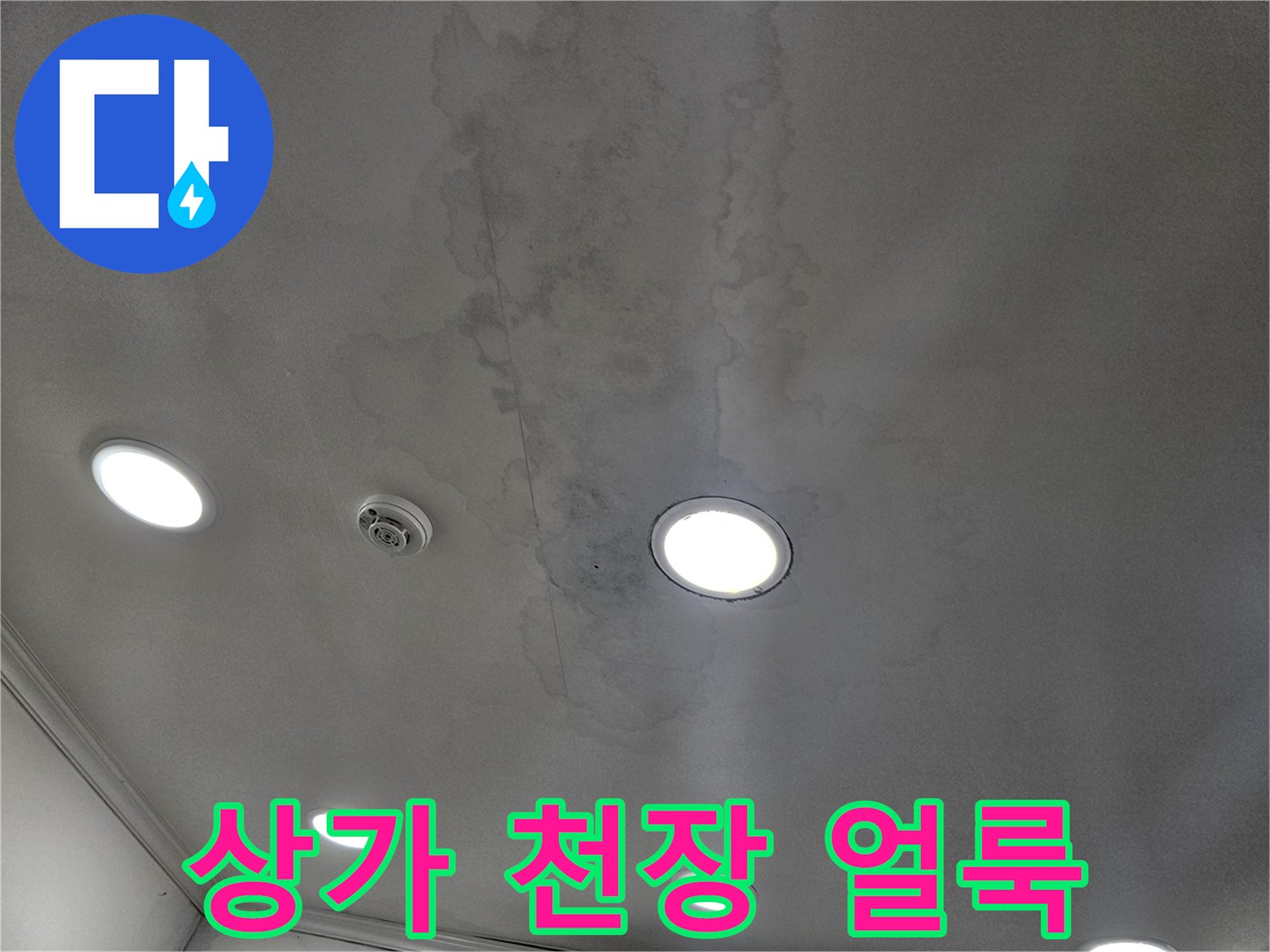 용인 수지구 상가 건물 내부의 물에 젖은 천장 모습입니다.