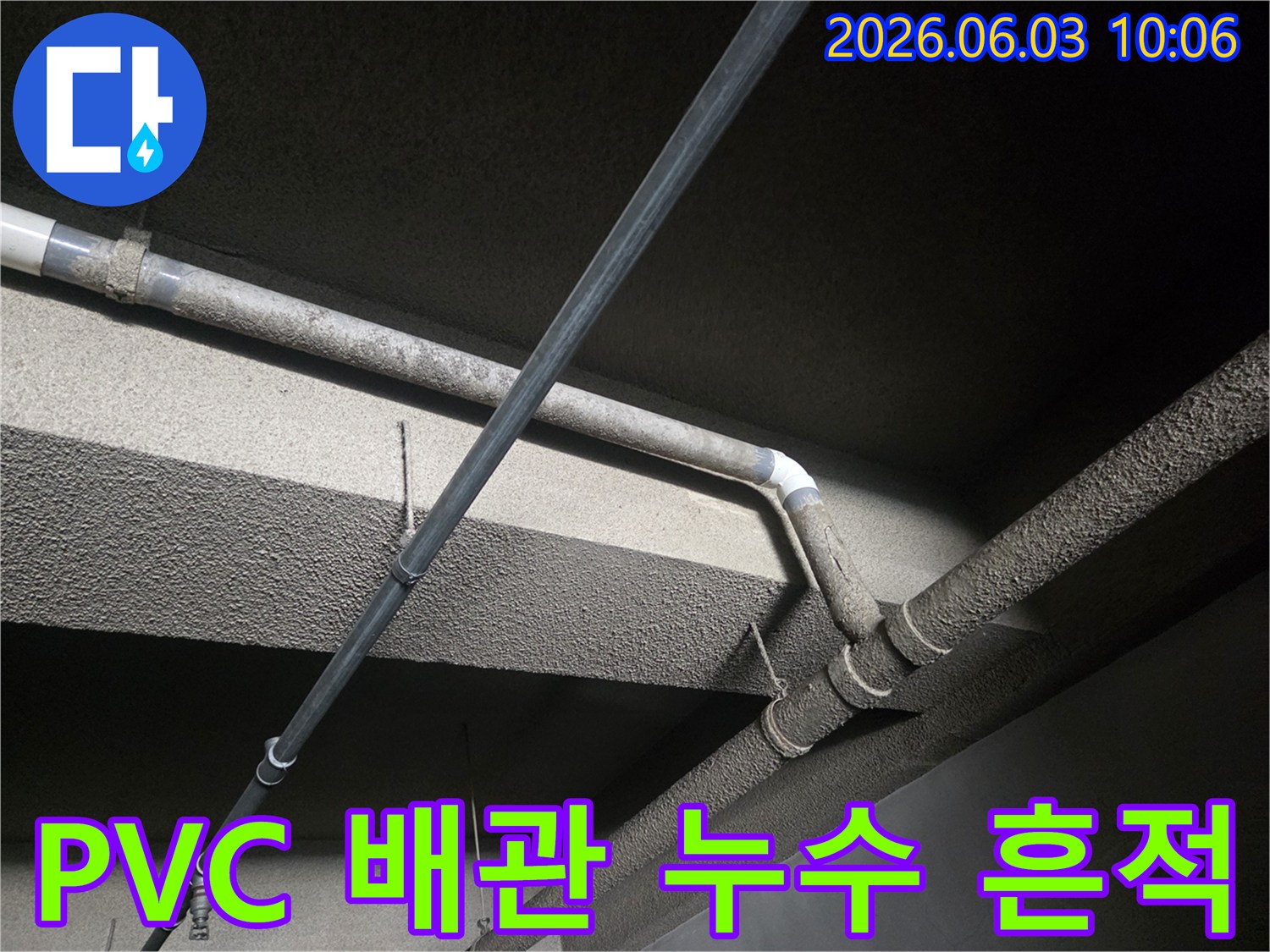천장에 설치된 PVC 배관 주변에서-발견된 물 자국과 오염 흔적을-전문가가 면밀히 조사하는 모습