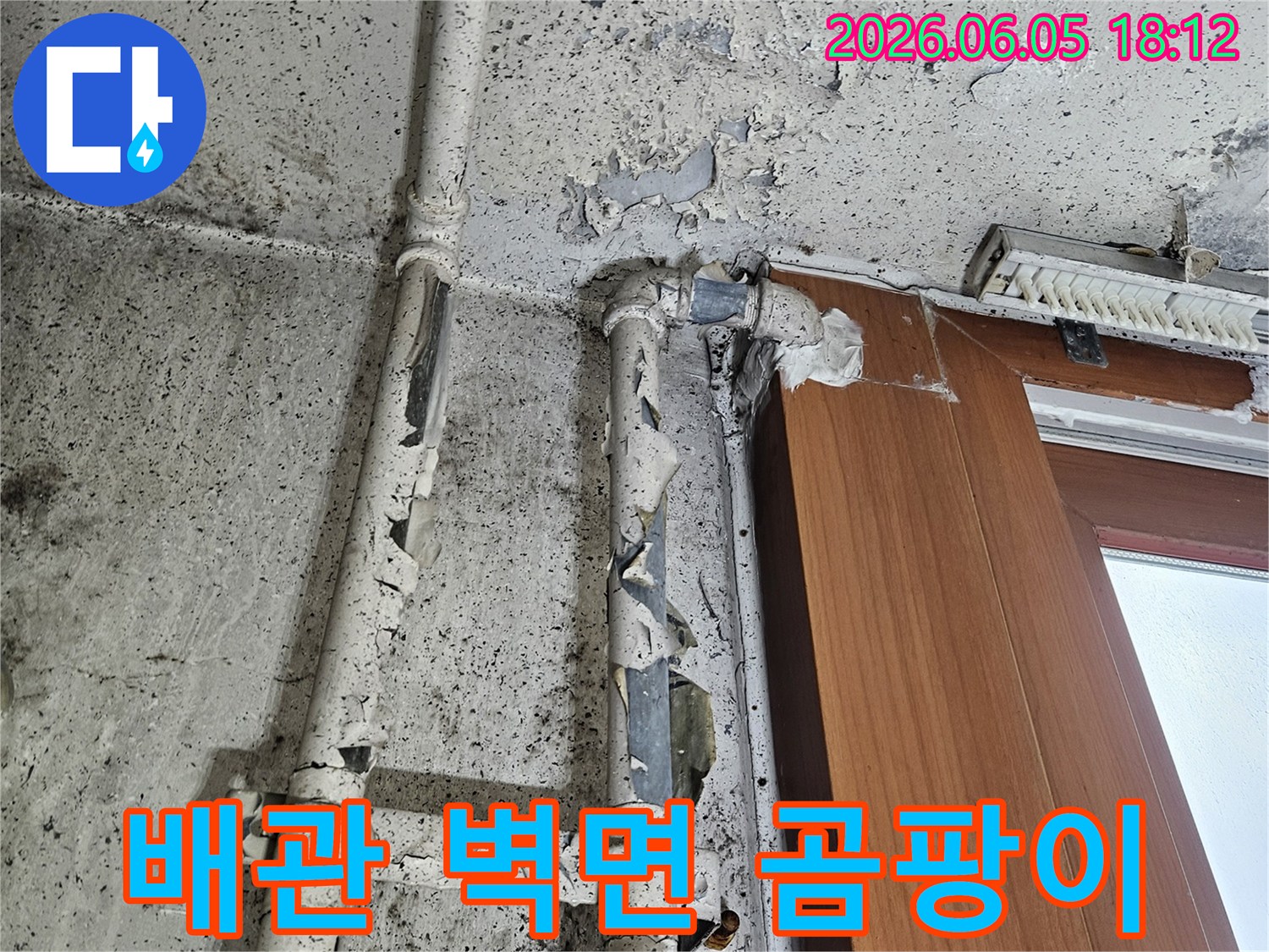 배관 주변 벽면에서-페인트가 심하게 벗겨지고-검은 곰팡이가 번식한-누수 현장의 모습입니다