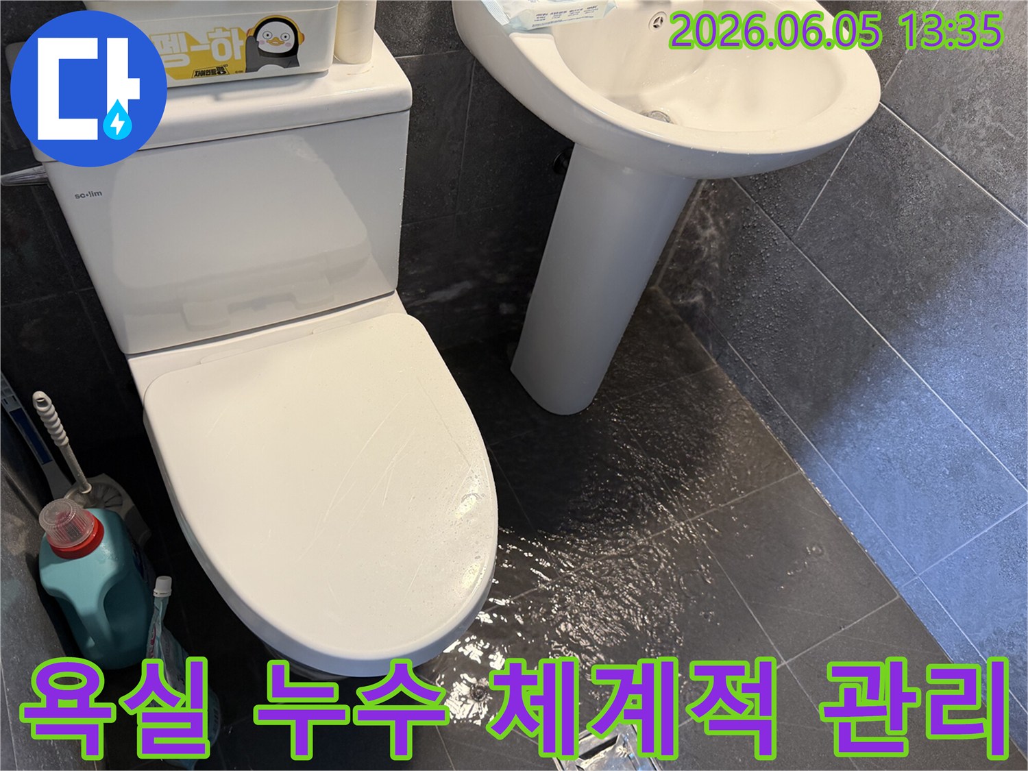 욕실-바닥에-고인-물을-통해-누수-문제를-보여주며-전문가의-체계적인-관리-시스템을-설명하는-사진