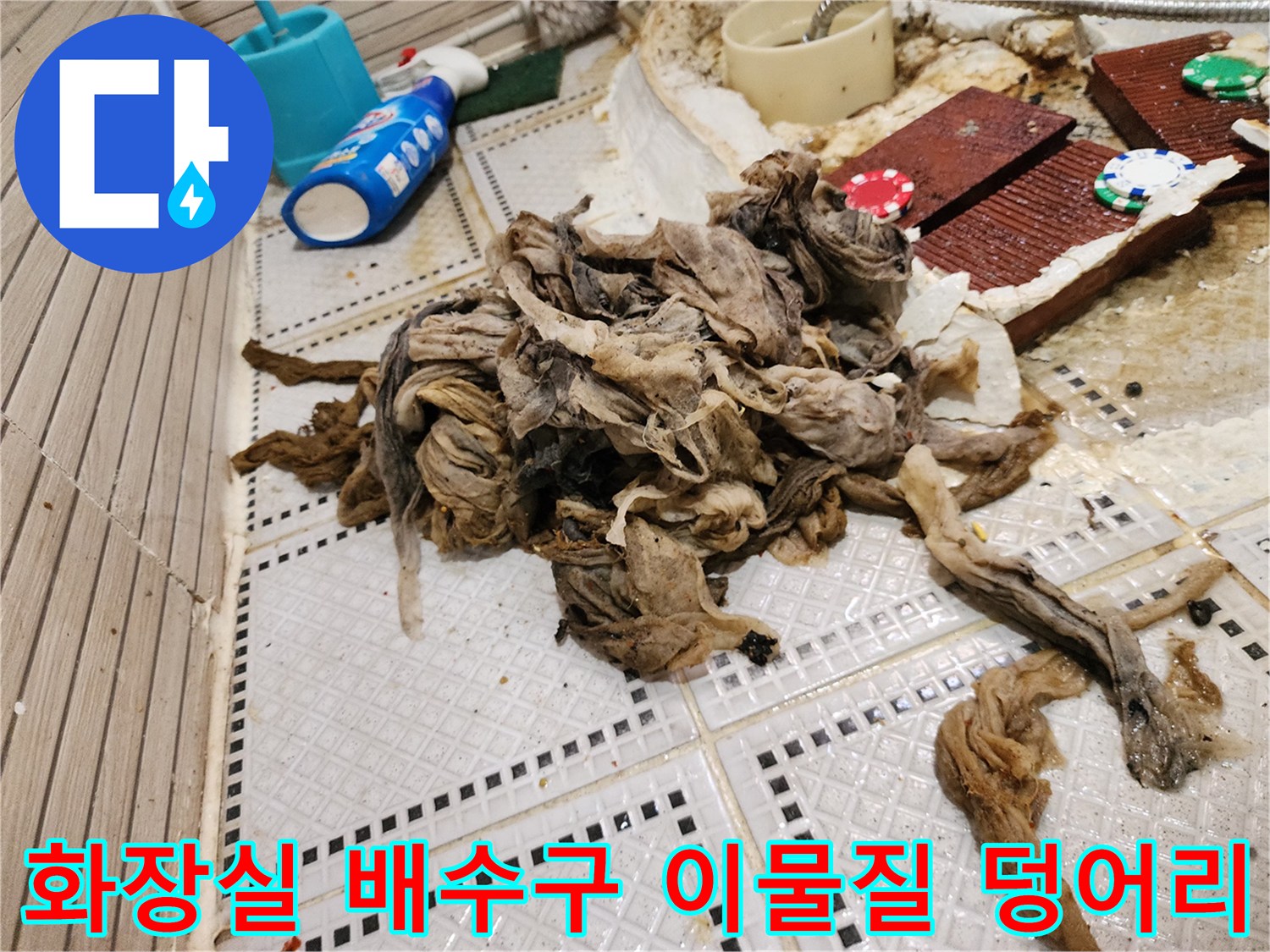 상계동 화장실 바닥에서 인양된 거대한 머리카락과 섬유 찌꺼기 뭉치